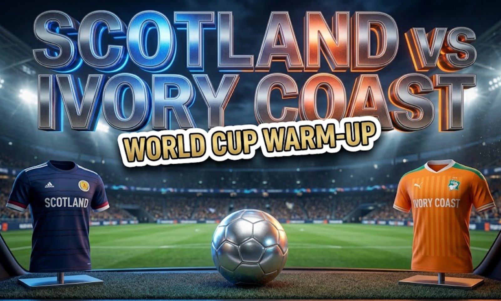 A viral, hyper-realistic YouTube thumbnail with a high-energy international football atmosphere. The background is a stunning modern stadium interior with dramatic floodlighting cutting through evening darkness, featuring rich green pitch texture and blurred crowd sections in the upper stands. The composition uses a low-angle hero shot to focus on the main subject: two national team jerseys (dark blue Scotland and orange Ivory Coast) positioned side-by-side on premium display stands with a gleaming silver football placed between them. Image size should be 3:2. The image features massive 3D typography with strict hierarchy: The Primary Text reads exactly: 'SCOTLAND vs IVORY COAST'. This text is massive, the largest element in the frame, rendered in metallic chrome with electric blue and orange accent lighting to look like a high-budget 3D render. The Secondary Text reads exactly: 'WORLD CUP WARM-UP'. This text is significantly smaller, positioned below the main text. It features a thick, distinct white border/outline (sticker style) with gold inner fill to contrast against the background. Make sure text 2 is always different theme, style, effect and border compared to text 1. The text materials correspond to the story's concept. Crucial Instruction: There is absolutely NO other text, numbers, watermarks, or subtitles in this image other than these two specific lines. 8k, Unreal Engine 5, cinematic render.