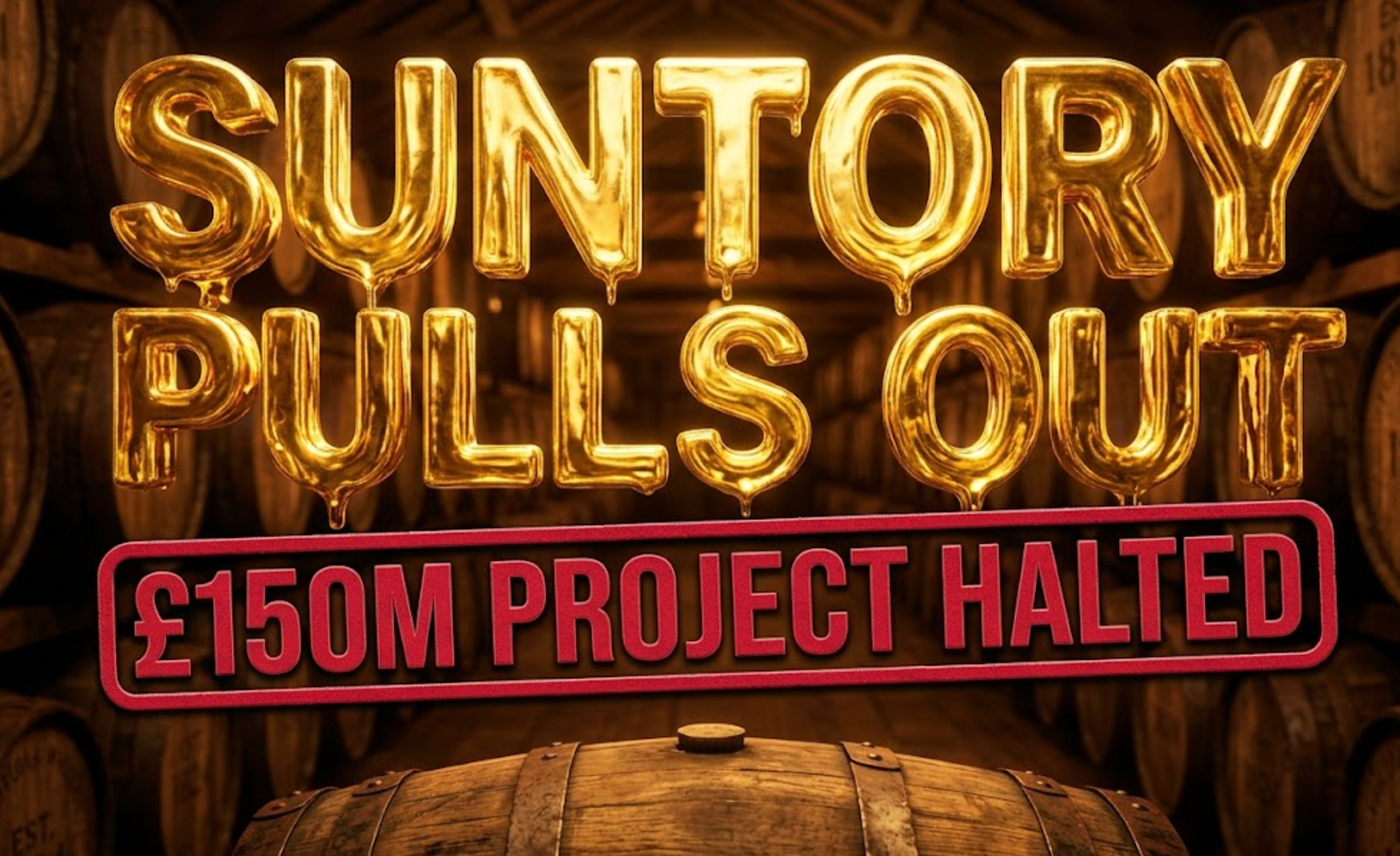 A viral, hyper-realistic YouTube thumbnail with a Gold Business atmosphere. The background is a dimly lit, traditional Scottish warehouse filled with endless rows of wooden casks with warm amber lighting. The composition uses a Low Angle to focus on the main subject: a highly detailed traditional wooden whisky barrel. Image size should be 3:2.
The image features massive 3D typography with strict hierarchy:
The Primary Text reads exactly: 'SUNTORY PULLS OUT'. This text is massive, the largest element in the frame, rendered in glowing liquid gold to look like a high-budget 3D render.
The Secondary Text reads exactly: '£150M PROJECT HALTED'. This text is significantly smaller, positioned below the main text. It features a thick, distinct crimson red border outline (sticker style) to contrast against the background.
The text materials correspond to the story's concept. Crucial Instruction: There is absolutely NO other text, numbers, watermarks, or subtitles in this image other than these two specific lines. 8k, Unreal Engine 5, cinematic render.