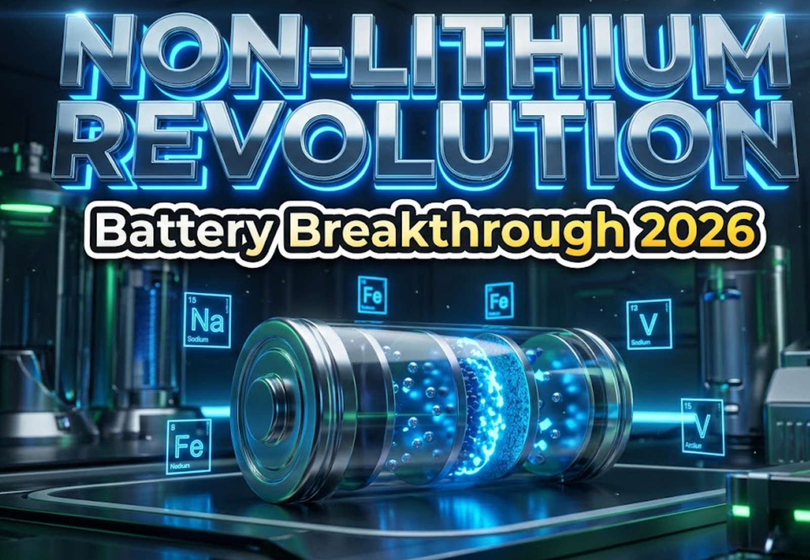 A viral, hyper-realistic YouTube thumbnail with a futuristic clean energy atmosphere. The background is a high-tech laboratory environment with glowing blue and green accent lighting casting dramatic shadows across metallic surfaces and transparent battery cells. The composition uses a low angle shot to focus on the main subject: a sleek, transparent cylindrical battery cell with visible layered internal components, sodium particles glowing in vibrant blue, surrounded by floating periodic table elements (Na, Fe, V) rendered as holographic symbols. Image size should be 3:2. The image features massive 3D typography with strict hierarchy: The Primary Text reads exactly: 'NON-LITHIUM REVOLUTION'. This text is massive, the largest element in the frame, rendered in chrome metallic finish with electric blue neon underglow to look like a high-budget 3D render. The Secondary Text reads exactly: 'Battery Breakthrough 2026'. This text is significantly smaller, positioned below the main text. It features a thick, distinct white and yellow gradient border outline in sticker style to contrast against the background. Make sure text 2 is always different theme, style, effect and border compared to text 1. The text materials correspond to the story's concept. Crucial Instruction: There is absolutely NO other text, numbers, watermarks, or subtitles in this image other than these two specific lines. 8k, Unreal Engine 5, cinematic render.