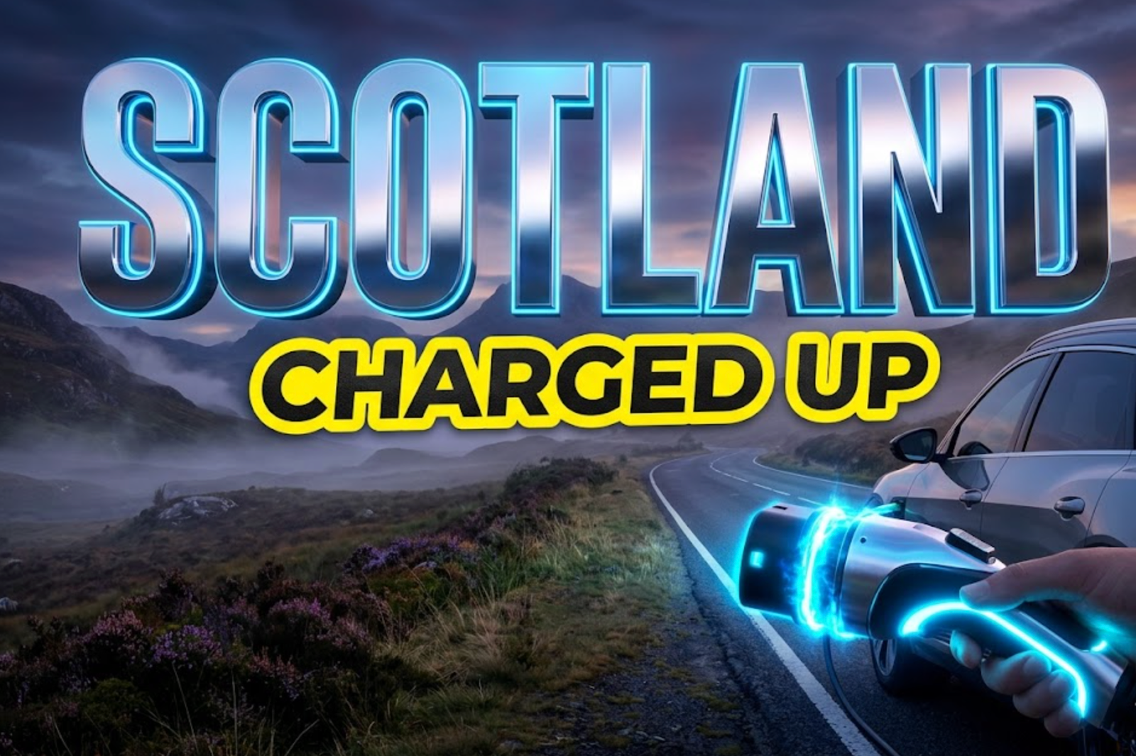 A viral, hyper-realistic YouTube thumbnail with a sleek kinetic atmosphere. The background is a breathtaking scenic Scottish Highland road at twilight with dramatic moody lighting and soft mist. The composition uses a dynamic low angle to focus on the main subject: a highly detailed, futuristic electric vehicle charging plug glowing with bright neon blue energy. Image size should be 3:2. The image features massive 3D typography with strict hierarchy: The Primary Text reads exactly: 'SCOTLAND'. This text is massive, the largest element in the frame, rendered in premium glowing chrome to look like a high-budget 3D render. The Secondary Text reads exactly: 'CHARGED UP'. This text is significantly smaller, positioned below the main text. It features a thick, distinct bright yellow sticker style border to contrast against the background. The text materials correspond to the story's concept. Crucial Instruction: There is absolutely NO other text, numbers, watermarks, or subtitles in this image other than these two specific lines. 8k, Unreal Engine 5, cinematic render.