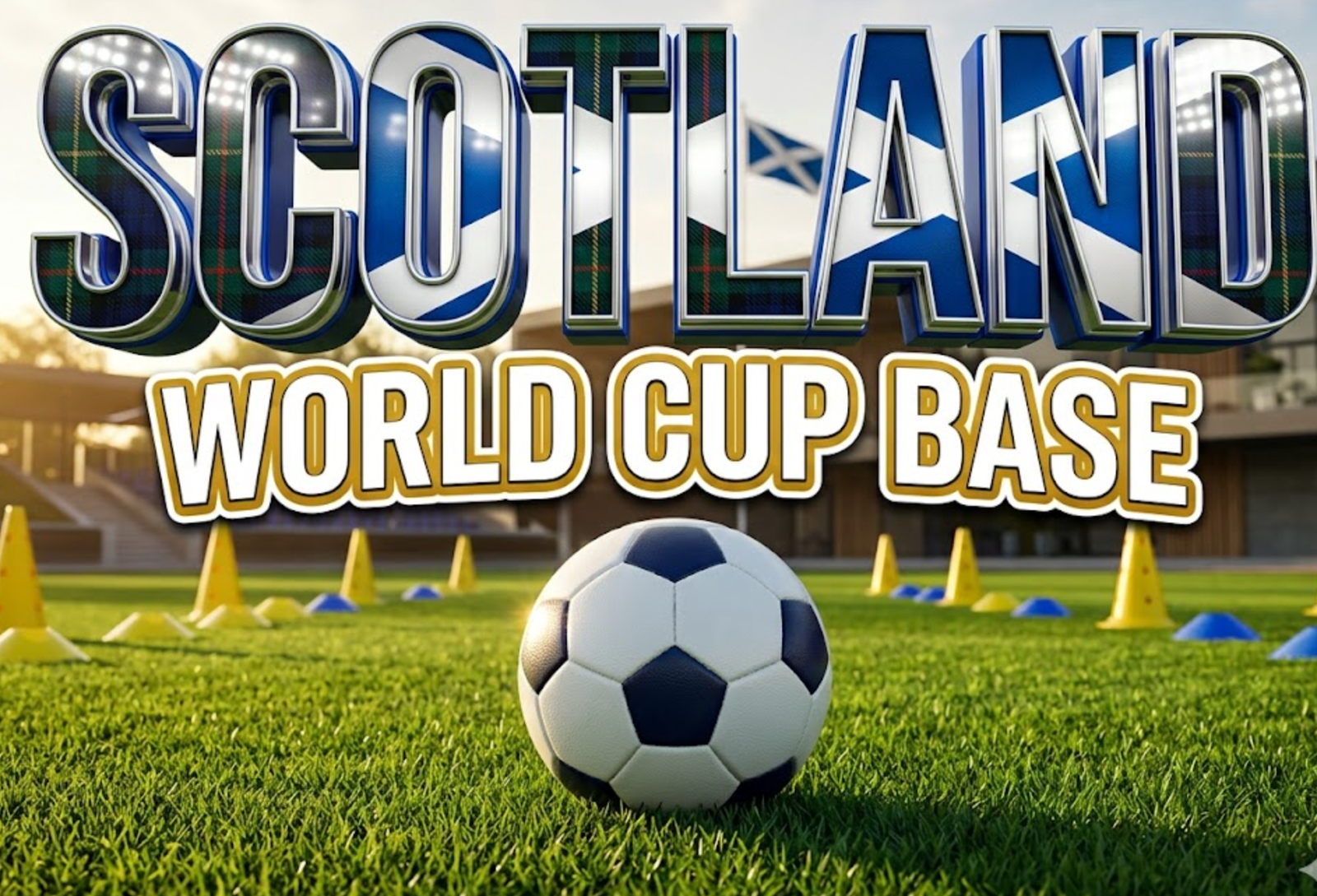 A viral, hyper-realistic sports thumbnail with a dynamic football atmosphere. The background is a premium outdoor training facility with emerald green pitches under golden hour sunlight, featuring modern architecture and the Scottish flag subtly integrated into the environment. The composition uses a low-angle hero shot to focus on the main subject: a pristine white and navy football resting on perfectly manicured grass with tactical training cones arranged in the background. Image size should be 3:2. The image features massive 3D typography with strict hierarchy: The Primary Text reads exactly: 'SCOTLAND'. This text is massive, the largest element in the frame, rendered in Tartan-textured chrome with royal blue and white accents to look like a high-budget 3D render with stadium light reflections. The Secondary Text reads exactly: 'WORLD CUP BASE'. This text is significantly smaller, positioned below the main text. It features a thick, distinct gold border with white outline in sticker style to contrast against the background. Make sure text 2 is always different theme, style, effect and border compared to text 1. The text materials correspond to the story's concept. Crucial Instruction: There is absolutely NO other text, numbers, watermarks, or subtitles in this image other than these two specific lines. 8k, Unreal Engine 5, cinematic render.