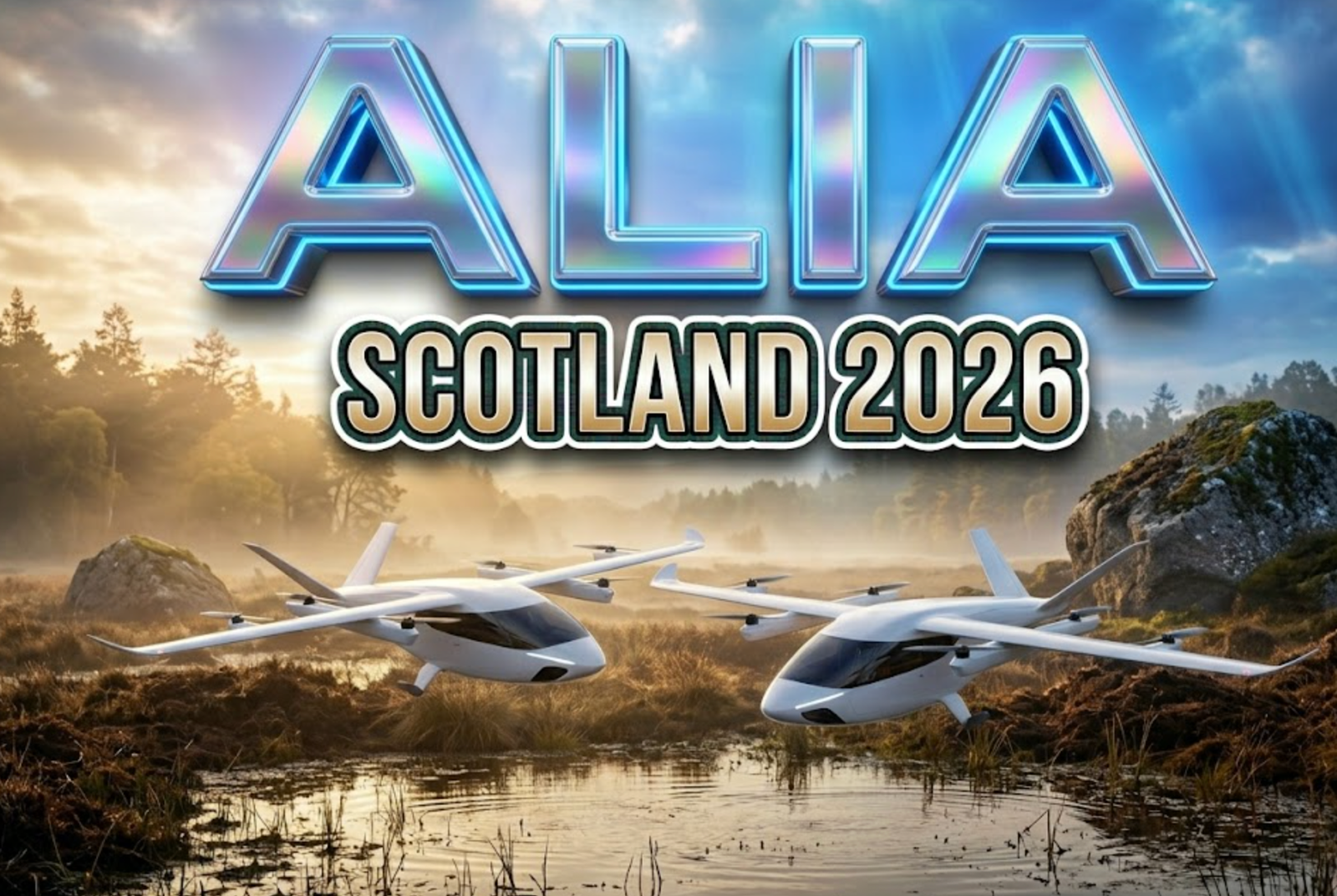 A viral, hyper-realistic YouTube thumbnail with a futuristic tech atmosphere blending Scottish heritage. The background is a dramatic Highland landscape with Aberdeen's coastline visible below, featuring electric blue sky gradients and golden hour lighting with volumetric god rays piercing through clouds. The composition uses a low-angle hero shot to focus on the main subject: a sleek white electric aircraft with extended wings hovering above Scottish terrain, rotors visible, with the Cairngorms mountains in the distance. Image size should be 3:2. The image features massive 3D typography with strict hierarchy: The Primary Text reads exactly: 'ALIA'. This text is massive, the largest element in the frame, rendered in Chrome and Electric Blue Neon to look like a high-budget 3D render with holographic reflections. The Secondary Text reads exactly: 'SCOTLAND 2026'. This text is significantly smaller, positioned below the main text. It features a thick, distinct white and gold gradient border/outline (sticker style) with a Scottish tartan pattern subtly integrated into the outline to contrast against the background. Make sure text 2 is always different theme, style, effect and border compared to text 1. The text materials correspond to the story's concept of cutting-edge aviation meeting traditional Scotland. Crucial Instruction: There is absolutely NO other text, numbers, watermarks, or subtitles in this image other than these two specific lines. 8k, Unreal Engine 5, cinematic render