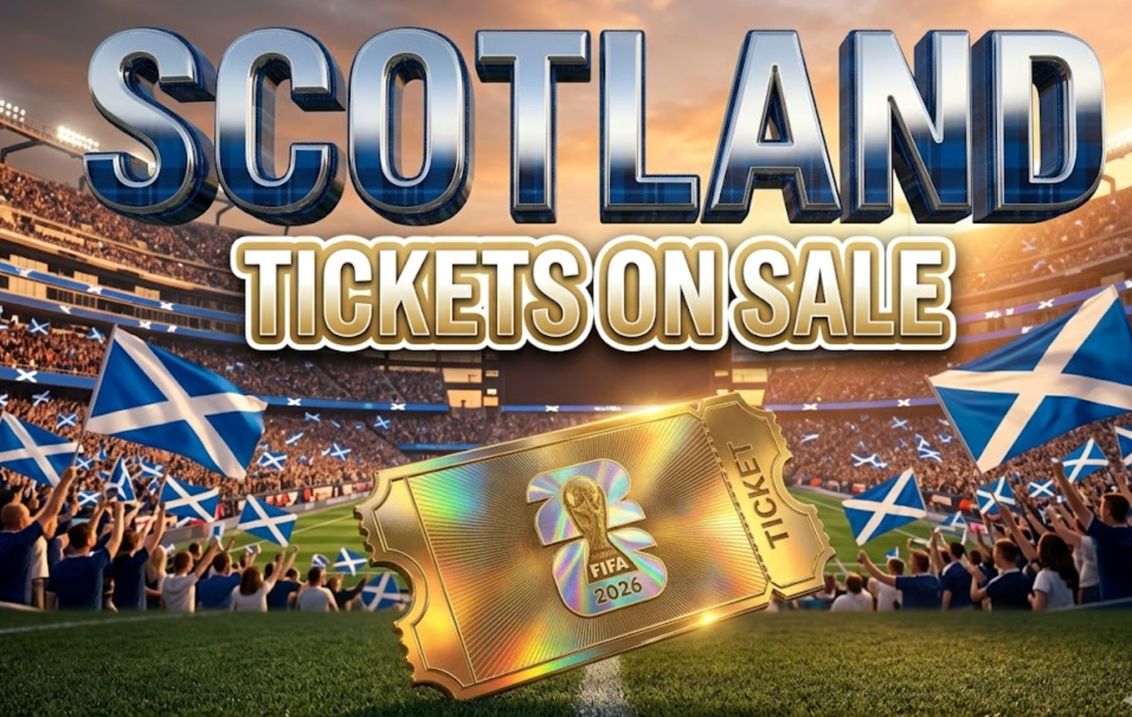 A viral, hyper-realistic YouTube thumbnail with a passionate football stadium atmosphere. The background is a packed Gillette Stadium at sunset with dramatic golden hour lighting and Scottish Saltire flags waving throughout the crowd. The composition uses a low angle shot to focus on the main subject: a detailed golden ticket stub with holographic FIFA 2026 branding, positioned prominently in the foreground with stadium lights reflecting off its surface. Image size should be 3:2. The image features massive 3D typography with strict hierarchy: The Primary Text reads exactly: 'SCOTLAND'. This text is massive, the largest element in the frame, rendered in Chrome with Tartan blue accent reflections to look like a high-budget 3D render. The Secondary Text reads exactly: 'TICKETS ON SALE'. This text is significantly smaller, positioned below the main text. It features a thick, distinct white and gold gradient border/outline (sticker style) with a matte finish to contrast against the background. Make sure text 2 is always different theme, style, effect and border compared to text 1. The text materials correspond to the story's concept. Crucial Instruction: There is absolutely NO other text, numbers, watermarks, or subtitles in this image other than these two specific lines. 8k, Unreal Engine 5, cinematic render