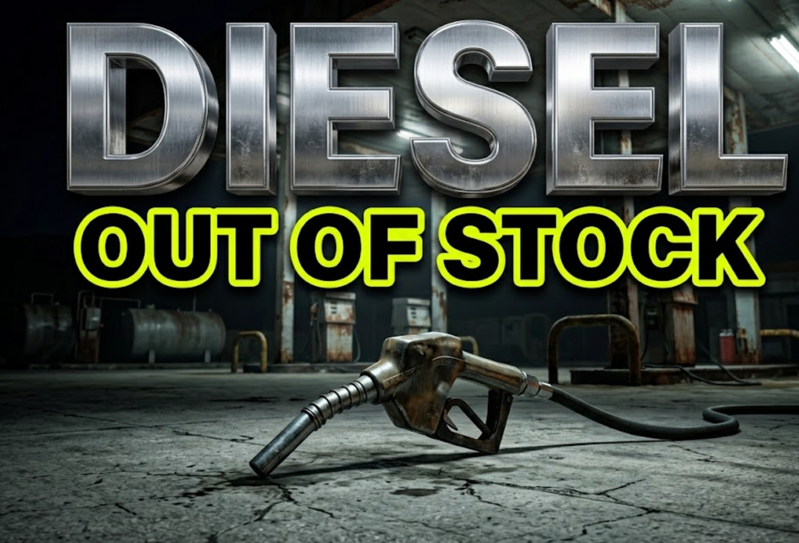 A viral, hyper-realistic YouTube thumbnail with a Business atmosphere. The background is a dim, abandoned petrol station forecourt with harsh, flickering fluorescent street lighting. The composition uses a Low Angle to focus on the main subject: a highly detailed, weathered petrol pump nozzle resting on the concrete ground. Image size should be 3:2. The image features massive 3D typography with strict hierarchy: The Primary Text reads exactly: 'DIESEL'. This text is massive, the largest element in the frame, rendered in brushed chrome to look like a high-budget 3D render. The Secondary Text reads exactly: 'OUT OF STOCK'. This text is significantly smaller, positioned below the main text. It features a thick, distinct neon yellow border to contrast against the background. The text materials correspond to the story's concept. Crucial Instruction: There is absolutely NO other text, numbers, watermarks, or subtitles in this image other than these two specific lines. 8k, Unreal Engine 5, cinematic render.