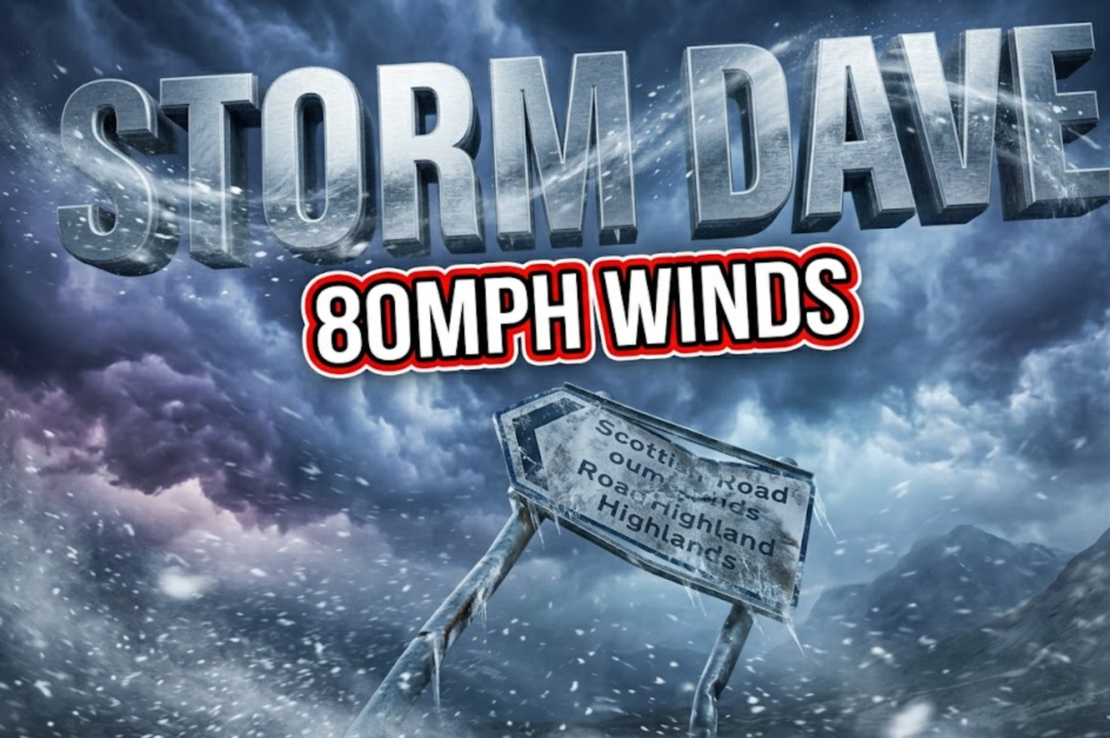 A viral, hyper-realistic YouTube thumbnail with a dramatic storm atmosphere. The background is a rugged Scottish Highland landscape with dark, churning storm clouds swirling overhead and windswept grass bending violently, lit by ominous blue-grey storm lighting. The composition uses a low angle shot to focus on the main subject: a weathered Scottish road sign bending in extreme wind with snow swirling around it and distant mountains barely visible through the storm. Image size should be 3:2. The image features massive 3D typography with strict hierarchy: The Primary Text reads exactly: 'STORM DAVE'. This text is massive, the largest element in the frame, rendered in metallic silver chrome with swirling wind particle effects to look like a high-budget 3D render. The Secondary Text reads exactly: '80MPH WINDS'. This text is significantly smaller, positioned below the main text. It features a thick, bold red and white border/outline (sticker style) with warning stripe effects to contrast against the background. Make sure text 2 is always different theme, style, effect and border compared to text 1. The text materials correspond to the story's concept. Crucial Instruction: There is absolutely NO other text, numbers, watermarks, or subtitles in this image other than these two specific lines. 8k, Unreal Engine 5, cinematic render.