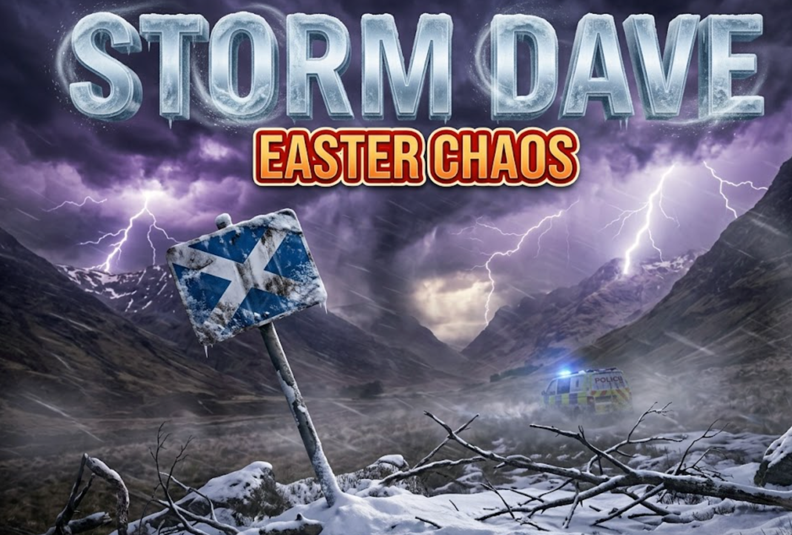 A viral, hyper-realistic YouTube thumbnail with a dramatic stormy atmosphere. The background is a turbulent Scottish landscape with dark purple and grey storm clouds swirling violently over highland mountains, illuminated by dramatic lightning strikes and harsh side lighting. The composition uses a low angle dutch tilt to focus on the main subject: a weathered Scottish road sign being battered by wind and rain, with snow accumulating at its base and fallen tree branches scattered around. Image size should be 3:2. The image features massive 3D typography with strict hierarchy: The Primary Text reads exactly: 'STORM DAVE'. This text is massive, the largest element in the frame, rendered in icy chrome with swirling wind particles and snow texture to look like a high-budget 3D render. The Secondary Text reads exactly: 'EASTER CHAOS'. This text is significantly smaller, positioned below the main text. It features a thick, distinct bright orange border/outline (sticker style) with a solid red fill to contrast against the dark stormy background. Make sure text 2 is always different theme, style, effect and border compared to text 1. The text materials correspond to the story's concept. Crucial Instruction: There is absolutely NO other text, numbers, watermarks, or subtitles in this image other than these two specific lines. 8k, Unreal Engine 5, cinematic render.