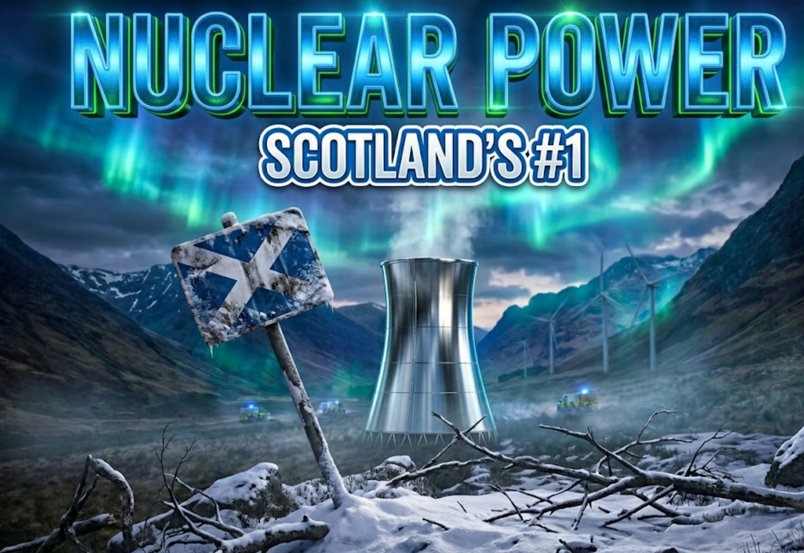 A viral, hyper-realistic YouTube thumbnail with a clean, powerful energy atmosphere. The background is a dramatic Scottish highland landscape at dusk with electric blue and green aurora-like lighting effects representing energy flows, modern wind turbines visible but slightly blurred in the background. The composition uses a low angle shot to focus on the main subject: a gleaming metallic nuclear reactor cooling tower model rendered in polished chrome and steel, positioned prominently in the foreground with subtle steam effects rising majestically. Image size should be 3:2. The image features massive 3D typography with strict hierarchy: The Primary Text reads exactly: 'NUCLEAR POWER'. This text is massive, the largest element in the frame, rendered in glowing electric blue chrome with radioactive green accents to look like a high-budget 3D render with realistic light reflections. The Secondary Text reads exactly: 'SCOTLAND'S #1'. This text is significantly smaller, positioned below the main text. It features a thick, distinct Scottish flag blue border with white outline (sticker style) to contrast against the background. Make sure text 2 is always different theme, style, effect and border compared to text 1. The text materials correspond to the story's concept. Crucial Instruction: There is absolutely NO other text, numbers, watermarks, or subtitles in this image other than these two specific lines. 8k, Unreal Engine 5, cinematic render.