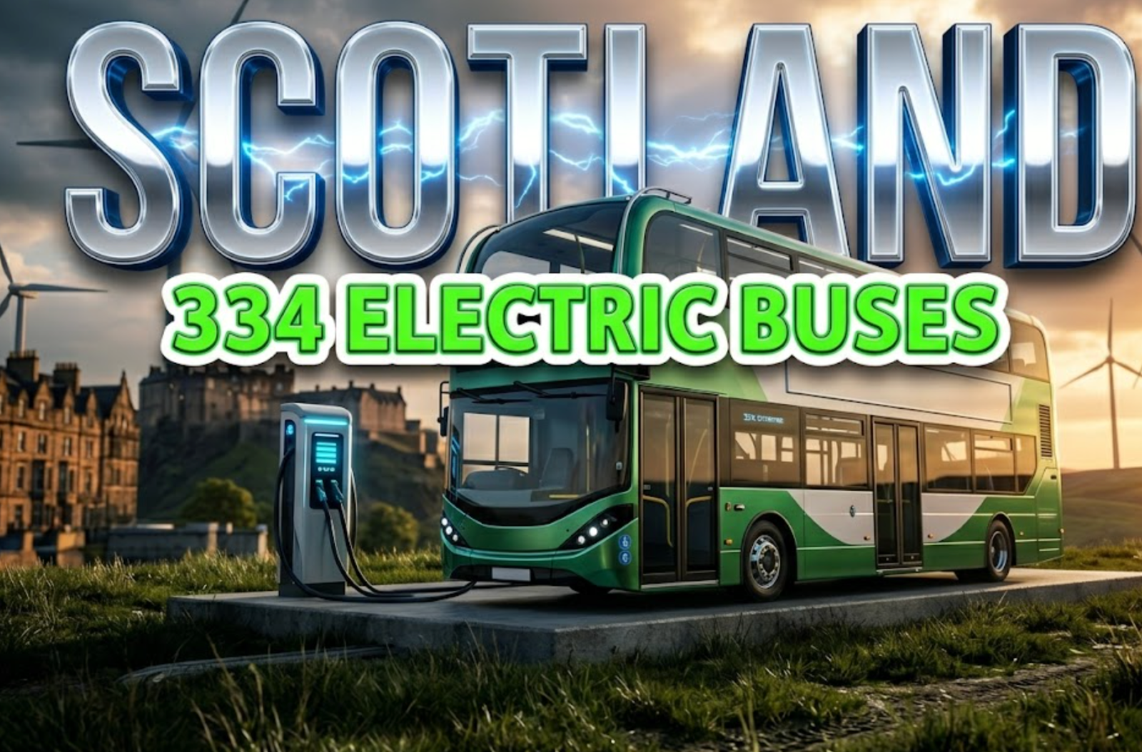 A viral, hyper-realistic YouTube thumbnail with a clean energy transportation atmosphere. The background is a dramatic Scottish cityscape at golden hour with Edinburgh's iconic architecture visible in soft focus, illuminated by warm sunset lighting mixed with cool blue electric charging station glows. The composition uses a low angle hero shot to focus on the main subject: a sleek, modern double-deck electric bus in metallic green and white livery, positioned at a 3/4 angle with its charging port prominently displayed, cable connected to a futuristic charging station with glowing blue indicators. Image size should be 3:2. The image features massive 3D typography with strict hierarchy: The Primary Text reads exactly: 'SCOTLAND'. This text is massive, the largest element in the frame, rendered in polished chrome with electric blue energy pulses running through it to look like a high-budget 3D render. The Secondary Text reads exactly: '334 ELECTRIC BUSES'. This text is significantly smaller, positioned below the main text. It features a thick, distinct white border/outline with vibrant green fill (sticker style) to contrast against the background. Make sure text 2 is always different theme, style, effect and border compared to text 1. The text materials correspond to the story's concept. Crucial Instruction: There is absolutely NO other text, numbers, watermarks, or subtitles in this image other than these two specific lines. 8k, Unreal Engine 5, cinematic render.