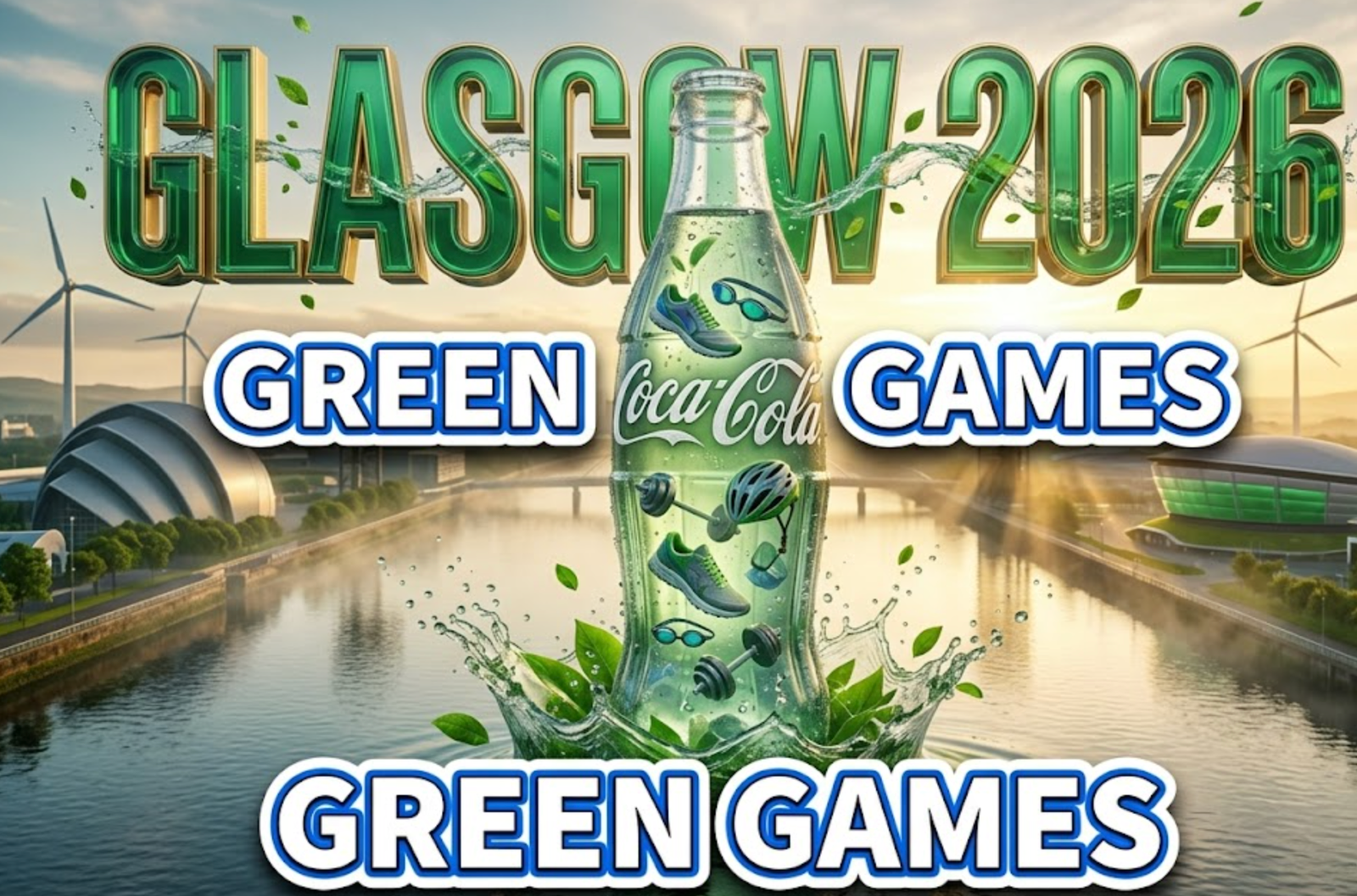 A viral, hyper-realistic YouTube thumbnail with a dynamic sports and sustainability atmosphere. The background is a stunning Scottish riverside landscape with the iconic River Clyde flowing through Glasgow, featuring modern sports venues in the distance under dramatic golden hour lighting with volumetric rays cutting through light mist. The composition uses a low angle hero shot to focus on the main subject: a crystalline Coca-Cola bottle made entirely of transparent recycled plastic materials with visible commonwealth sports equipment (running shoes, swimming goggles, cycling helmet) floating inside the liquid, surrounded by lush green leaves and water droplets in mid-splash. Image size should be 3:2. The image features massive 3D typography with strict hierarchy: The Primary Text reads exactly: 'GLASGOW 2026'. This text is massive, the largest element in the frame, rendered in premium emerald green glass with gold metallic accents and environmental particle effects (floating leaves, water streams) flowing through the letters to look like a high-budget 3D render. The Secondary Text reads exactly: 'GREEN GAMES'. This text is significantly smaller, positioned below the main text. It features a thick, distinct white and electric blue border/outline (sticker style) with a matte finish to contrast against the background. Make sure text 2 is always different theme, style, effect and border compared to text 1. The text materials correspond to the story's concept. Crucial Instruction: There is absolutely NO other text, numbers, watermarks, or subtitles in this image other than these two specific lines. 8k, Unreal Engine 5, cinematic render.
