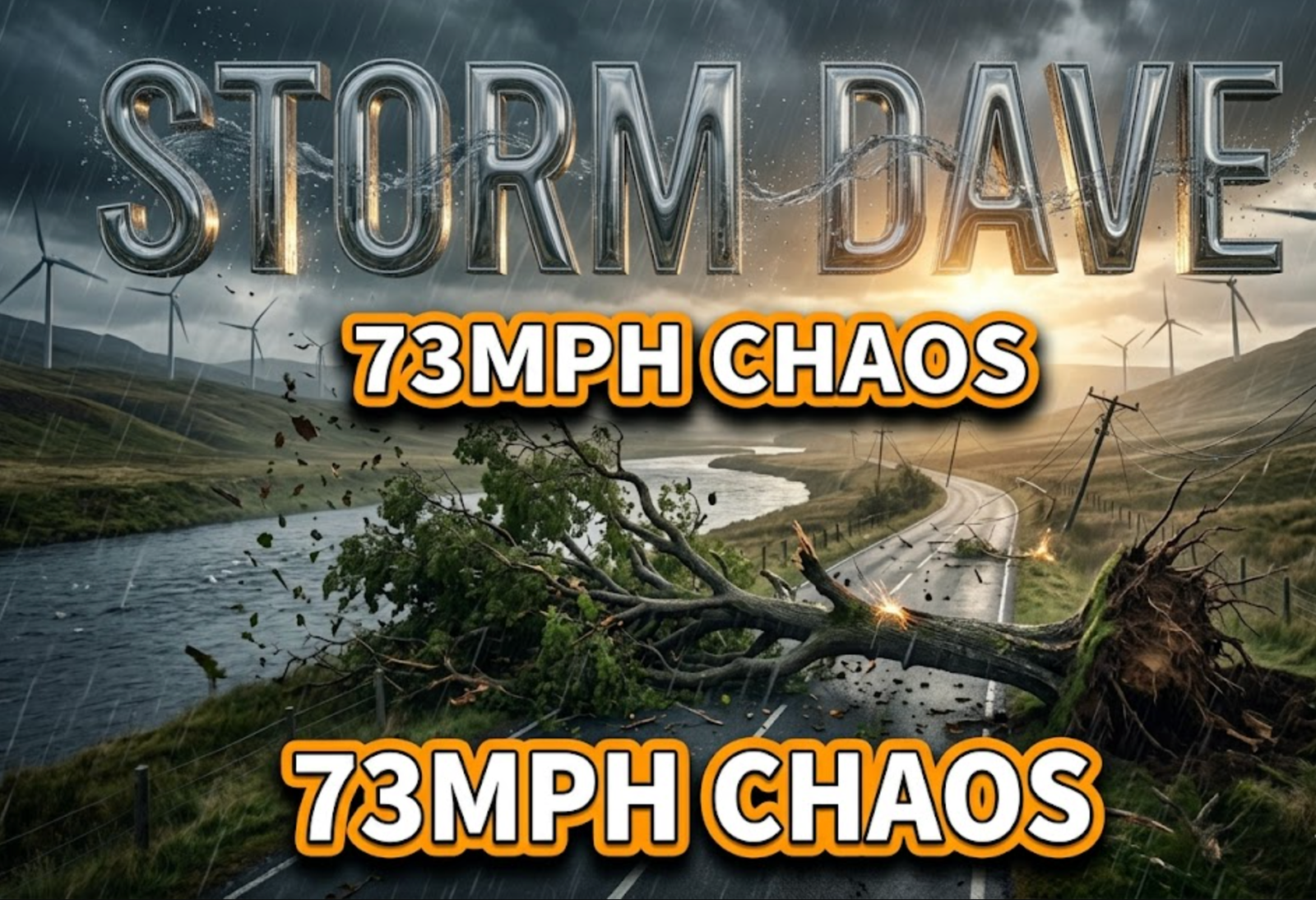 A viral, hyper-realistic YouTube thumbnail with a dramatic storm atmosphere. The background is a moody Scottish landscape with dark grey storm clouds swirling overhead, rain streaks visible, and a fallen tree across a rural road with power lines down. Golden-hour lighting breaks through clouds on the horizon creating an ominous contrast. The composition uses a wide-angle Dutch tilt to emphasize chaos and urgency, focusing on the main subject: a massive uprooted tree blocking a Highland road with scattered debris and leaves frozen mid-air. Image size should be 3:2. The image features massive 3D typography with strict hierarchy: The Primary Text reads exactly: 'STORM DAVE'. This text is massive, the largest element in the frame, rendered in swirling metallic chrome with wind particle effects and rain droplets to look like a high-budget 3D render with dramatic storm energy. The Secondary Text reads exactly: '73MPH CHAOS'. This text is significantly smaller, positioned below the main text. It features a thick, distinct bright orange border/outline (sticker style) with a solid black drop shadow to contrast against the stormy background. Make sure text 2 is always different theme, style, effect and border compared to text 1. The text materials correspond to the story's concept. Crucial Instruction: There is absolutely NO other text, numbers, watermarks, or subtitles in this image other than these two specific lines. 8k, Unreal Engine 5, cinematic render