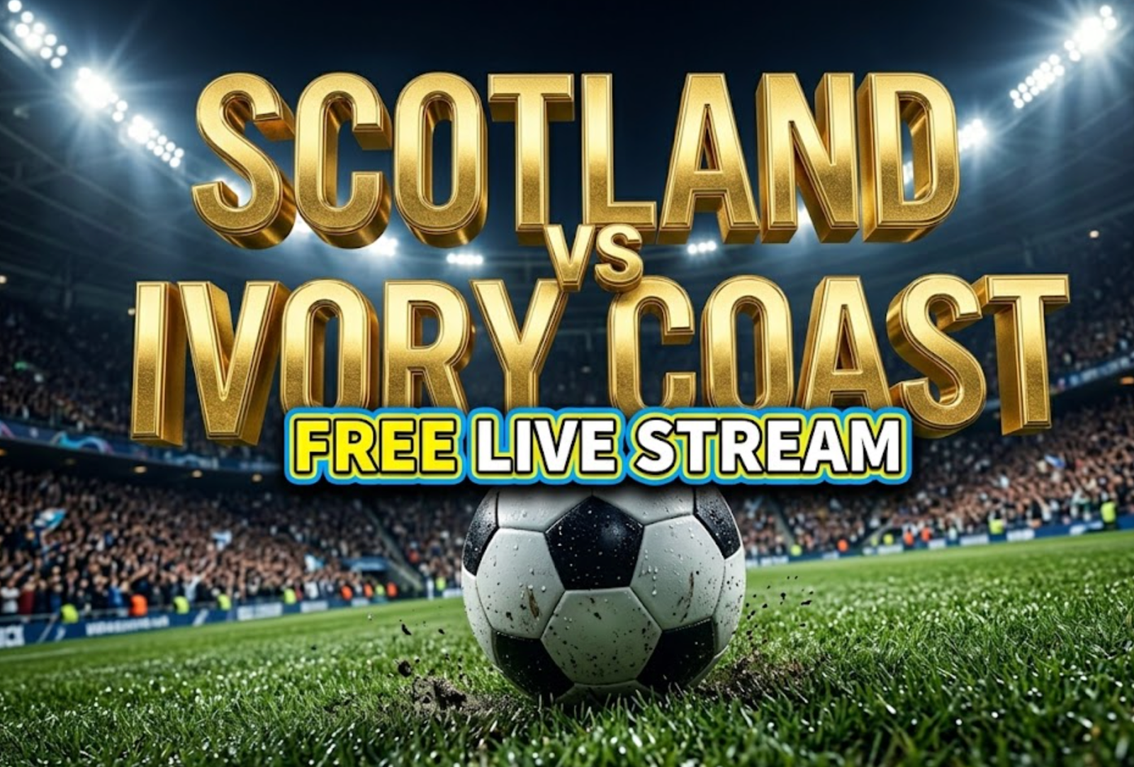 A viral, hyper-realistic YouTube thumbnail with a Kinetic atmosphere. The background is a massive packed soccer stadium with bright floodlights. The composition uses a Dutch Angle to focus on the main subject: a highly detailed classic black and white soccer ball sitting on wet grass. Image size should be 3:2.
The image features massive 3D typography with strict hierarchy:
The Primary Text reads exactly: 'SCOTLAND VS IVORY COAST'. This text is massive, the largest element in the frame, rendered in Gold to look like a high-budget 3D render.
The Secondary Text reads exactly: 'FREE LIVE STREAM'. This text is significantly smaller, positioned below or next to the main text. It features a thick, distinct color border/outline (sticker style) to contrast against the background. Make sure text 2 is always different theme, style, effect and border compared to text 1.
The text materials correspond to the story's concept. Crucial Instruction: There is absolutely NO other text, numbers, watermarks, or subtitles in this image other than these two specific lines. 8k, Unreal Engine 5, cinematic render