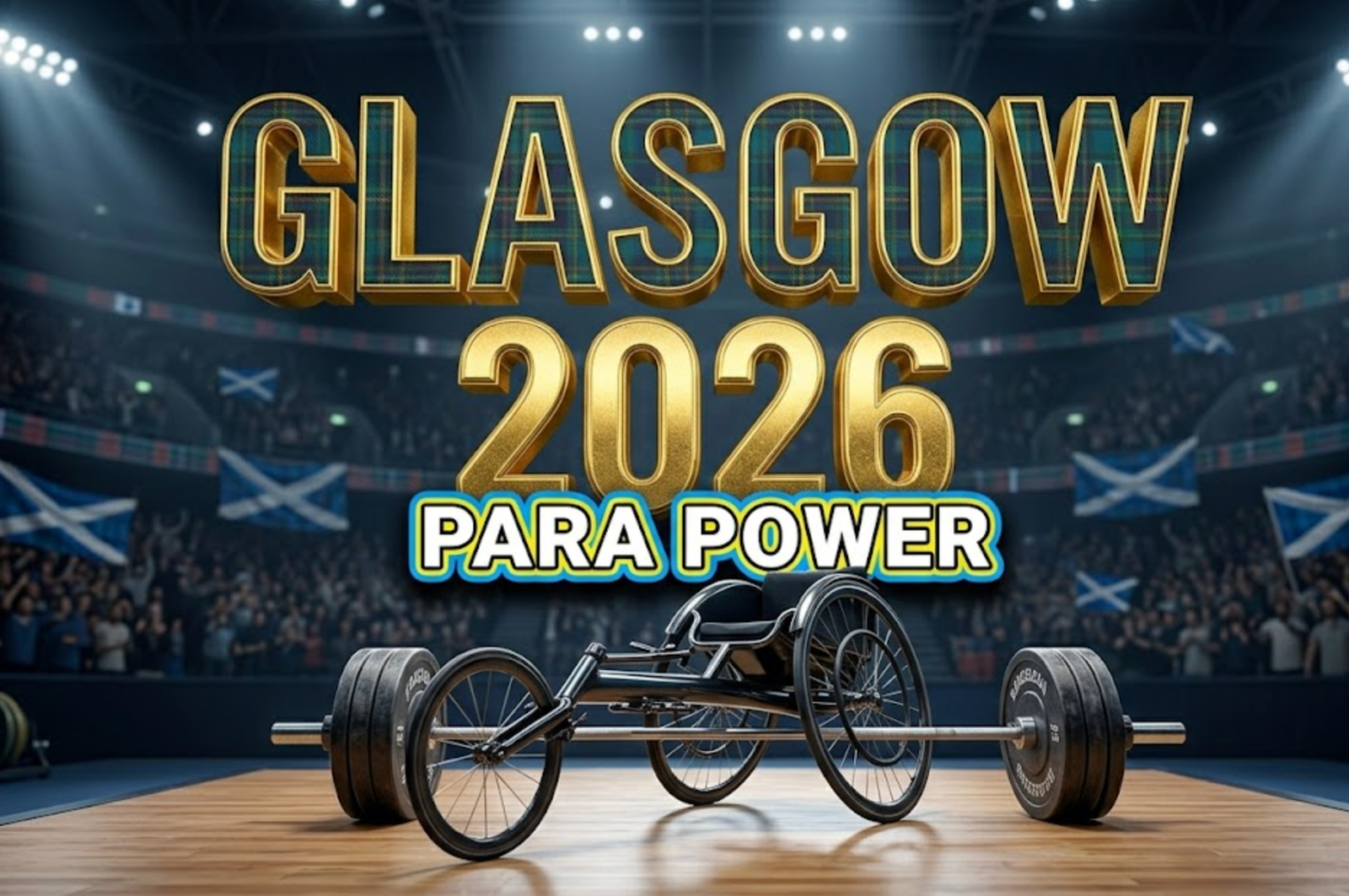 A viral, hyper-realistic sports event image with an inspirational athletic atmosphere. The background is a modern indoor sports arena with dramatic overhead lighting creating dramatic shadows on polished wooden floors, with Scottish flags subtly visible in soft focus. The composition uses a low angle shot to focus on the main subject: a sleek racing wheelchair positioned dynamically on a professional track surface, with a powerlifting bar with plates resting nearby, both gleaming under arena lights. Image size should be 3:2. The image features massive 3D typography with strict hierarchy: The Primary Text reads exactly: 'GLASGOW 2026'. This text is massive, the largest element in the frame, rendered in metallic gold with Commonwealth Games inspired texture to look like a high-budget 3D render with subtle Scottish tartan pattern integration. The Secondary Text reads exactly: 'PARA POWER'. This text is significantly smaller, positioned below the main text. It features a thick, bold white border with electric blue outline in sticker style to contrast against the background. Make sure text 2 is always different theme, style, effect and border compared to text 1. The text materials correspond to the story's concept. Crucial Instruction: There is absolutely NO other text, numbers, watermarks, or subtitles in this image other than these two specific lines. 8k, Unreal Engine 5, cinematic render.