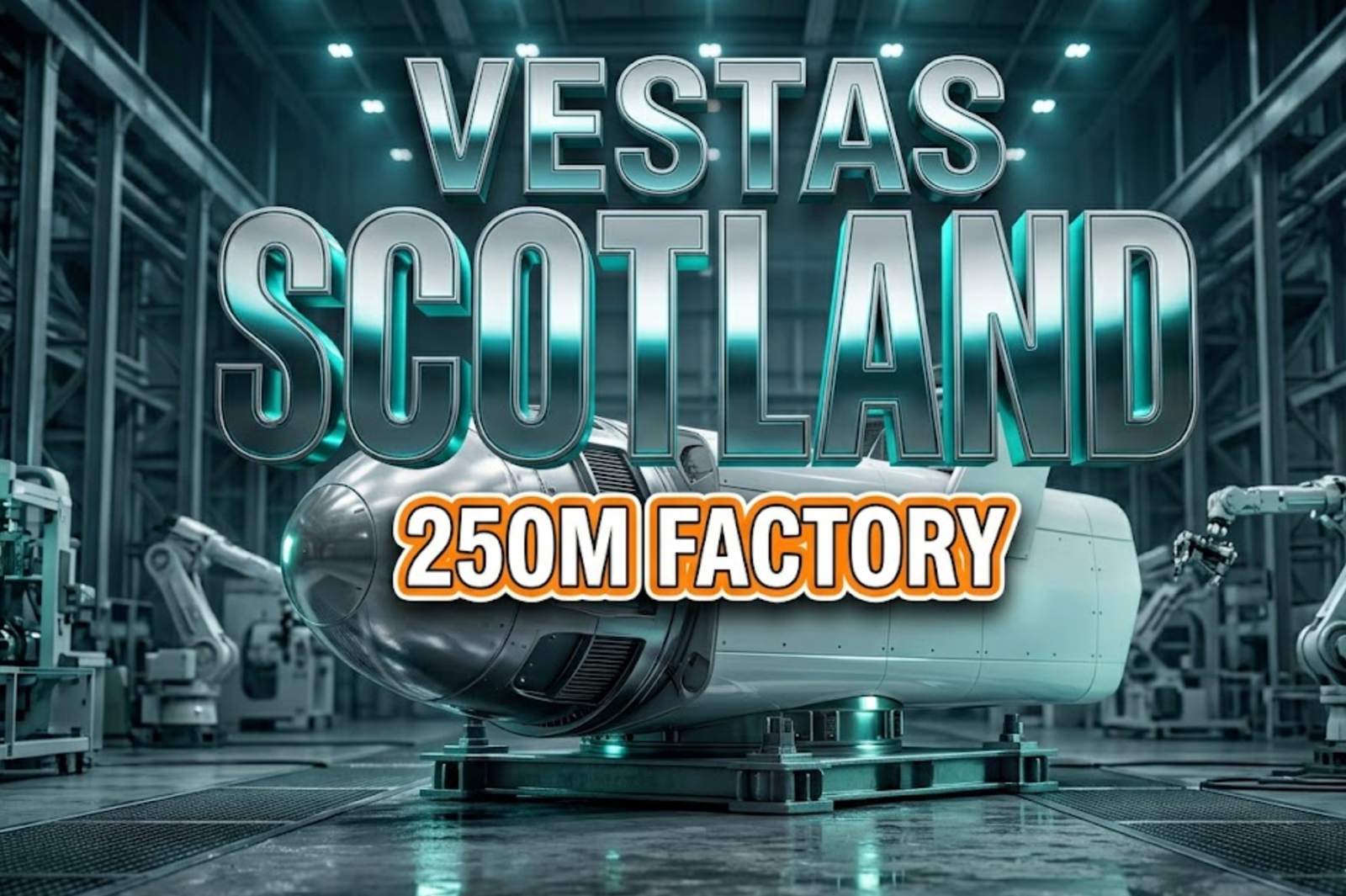 A viral, hyper-realistic YouTube thumbnail with a sleek industrial-tech atmosphere. The background is a modern factory floor with steel frameworks, robotic arms in soft focus, and dramatic blue-green lighting reflecting off metallic surfaces, evoking cutting-edge renewable manufacturing. The composition uses a low angle shot to focus on the main subject: a massive wind turbine nacelle component rendered in polished steel and white composite materials, positioned prominently in the foreground with precision engineering details visible. Image size should be 3:2. The image features massive 3D typography with strict hierarchy: The Primary Text reads exactly: 'VESTAS SCOTLAND'. This text is massive, the largest element in the frame, rendered in chrome metallic finish with blue-green reflective accents to look like a high-budget 3D render with real-time ray tracing effects. The Secondary Text reads exactly: '250M FACTORY'. This text is significantly smaller, positioned below the main text. It features a thick, distinct orange and white border/outline in sticker style to contrast against the industrial background. Make sure text 2 is always different theme, style, effect and border compared to text 1. The text materials correspond to the story's industrial innovation concept. Crucial Instruction: There is absolutely NO other text, numbers, watermarks, or subtitles in this image other than these two specific lines. 8k, Unreal Engine 5, cinematic render
