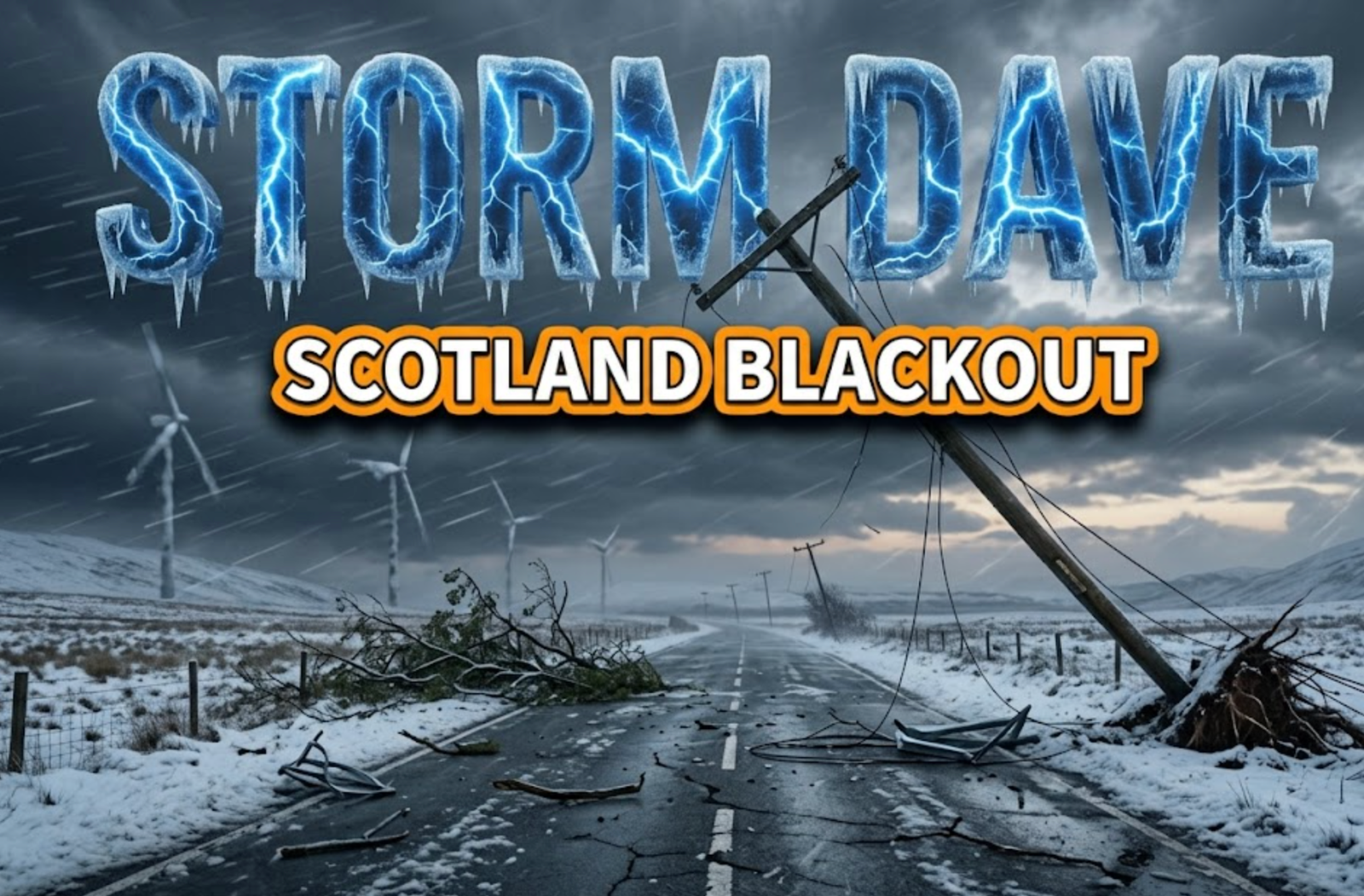 A viral, hyper-realistic YouTube thumbnail with a dramatic severe weather atmosphere. The background is a stormy Scottish landscape with dark grey clouds, horizontal rain streaks, and dim twilight lighting piercing through heavy storm clouds. The composition uses a low angle to focus on the main subject: a fallen power line pole tilted dramatically against fierce winds, with scattered debris and a snow-dusted Highland road stretching into the distance. Image size should be 3:2. The image features massive 3D typography with strict hierarchy: The Primary Text reads exactly: 'STORM DAVE'. This text is massive, the largest element in the frame, rendered in electric blue crackling lightning material with ice crystals forming on the edges to look like a high-budget 3D render. The Secondary Text reads exactly: 'SCOTLAND BLACKOUT'. This text is significantly smaller, positioned below the main text. It features a thick, bright orange border/outline (sticker style) with a semi-transparent dark background fill to contrast against the stormy background. Make sure text 2 is always different theme, style, effect and border compared to text 1. The text materials correspond to the story's concept. Crucial Instruction: There is absolutely NO other text, numbers, watermarks, or subtitles in this image other than these two specific lines. 8k, Unreal Engine 5, cinematic render.