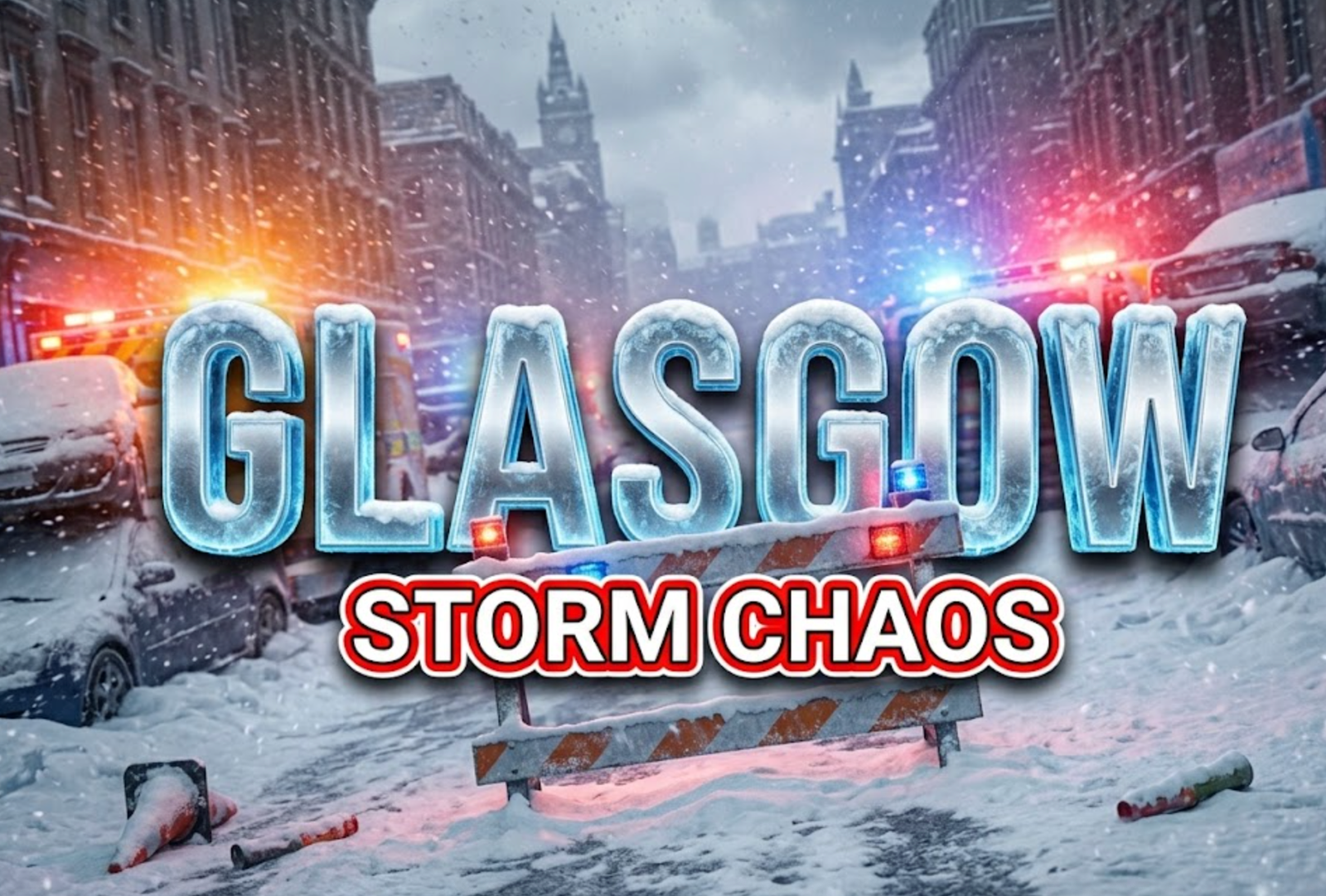 A viral, hyper-realistic YouTube thumbnail with a dramatic winter disaster atmosphere. The background is a snow-covered Glasgow cityscape with heavy blizzard conditions, gray overcast skies, and swirling snowflakes illuminated by emergency vehicle lights creating an orange-blue contrast. The composition uses a low angle Dutch tilt to emphasize chaos and urgency, focusing on the main subject: a detailed road closure barrier covered in fresh snow with warning lights flashing, abandoned vehicles barely visible through the blizzard in the background. Image size should be 3:2. The image features massive 3D typography with strict hierarchy: The Primary Text reads exactly: 'GLASGOW'. This text is massive, the largest element in the frame, rendered in frosted chrome with icy blue glowing edges and snow accumulation on the letter surfaces to look like a high-budget 3D render. The Secondary Text reads exactly: 'STORM CHAOS'. This text is significantly smaller, positioned below the main text. It features a thick, distinct red and white border outline in a bold sticker style with warning tape aesthetic to contrast against the snowy background. Make sure text 2 is always different theme, style, effect and border compared to text 1. The text materials correspond to the story's winter emergency concept. Crucial Instruction: There is absolutely NO other text, numbers, watermarks, or subtitles in this image other than these two specific lines. 8k, Unreal Engine 5, cinematic render