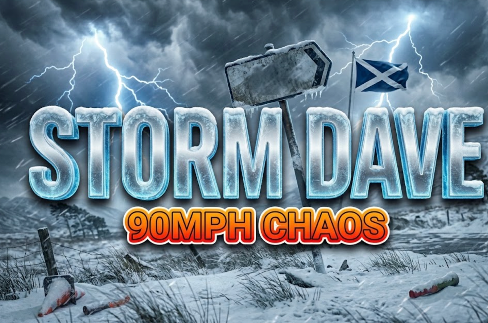 A viral, hyper-realistic YouTube thumbnail with a dramatic meteorological atmosphere. The background is a turbulent Scottish highland landscape with ominous dark grey storm clouds swirling overhead, sheets of rain and snow pelting diagonally across the frame, and wind-bent trees in the foreground. Lightning illuminates the scene with harsh, cold blue-white lighting. The composition uses a low angle Dutch tilt to emphasize chaos and power, focusing on the main subject: a weathered road sign being violently shaken by wind with snow accumulating on its edges, and a Scottish flag in the background whipping frantically in the gale. Image size should be 3:2. The image features massive 3D typography with strict hierarchy: The Primary Text reads exactly: 'STORM DAVE'. This text is massive, the largest element in the frame, rendered in Ice Crystal material with internal lighting and frost effects to look like a high-budget 3D render. The Secondary Text reads exactly: '90MPH CHAOS'. This text is significantly smaller, positioned below the main text. It features a thick, distinct orange and red gradient border/outline (sticker style) with motion blur effect to contrast against the stormy background. Make sure text 2 is always different theme, style, effect and border compared to text 1. The text materials correspond to the story's concept. Crucial Instruction: There is absolutely NO other text, numbers, watermarks, or subtitles in this image other than these two specific lines. 8k, Unreal Engine 5, cinematic render.