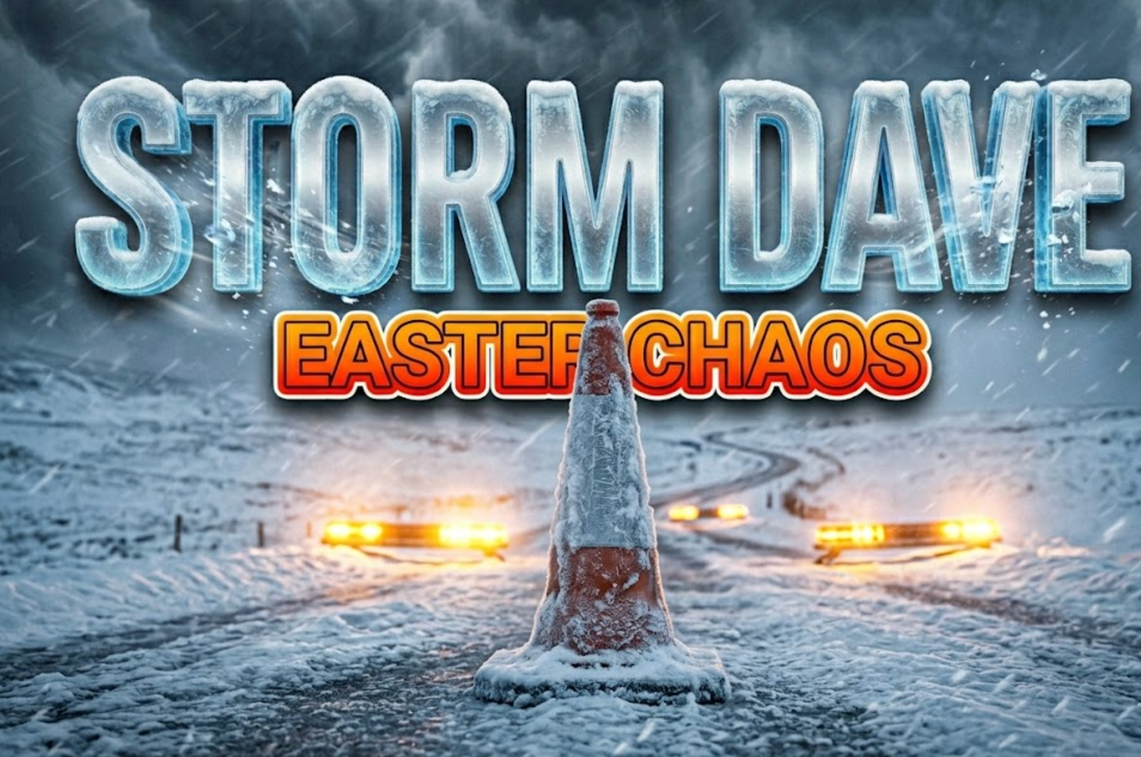 A viral, hyper-realistic YouTube thumbnail with a Cinematic Natural Disaster atmosphere. The background is a frozen Scottish country road with extreme blizzard conditions and flashing amber emergency lights. The composition uses a Low Angle to focus on the main subject: a highly detailed faceless hazard warning cone covered in thick frost and snow. Image size should be 3:2.
The image features massive 3D typography with strict hierarchy:
The Primary Text reads exactly: 'STORM DAVE'. This text is massive, the largest element in the frame, rendered in Cracked Ice Material to look like a high-budget 3D render.
The Secondary Text reads exactly: 'EASTER CHAOS'. This text is significantly smaller, positioned below or next to the main text. It features a thick, distinct neon orange border/outline (sticker style) to contrast against the background. Make sure text 2 is always different theme, style, effect and border compared to text 1.
The text materials correspond to the story's concept. Crucial Instruction: There is absolutely NO other text, numbers, watermarks, or subtitles in this image other than these two specific lines. 8k, Unreal Engine 5, cinematic render.