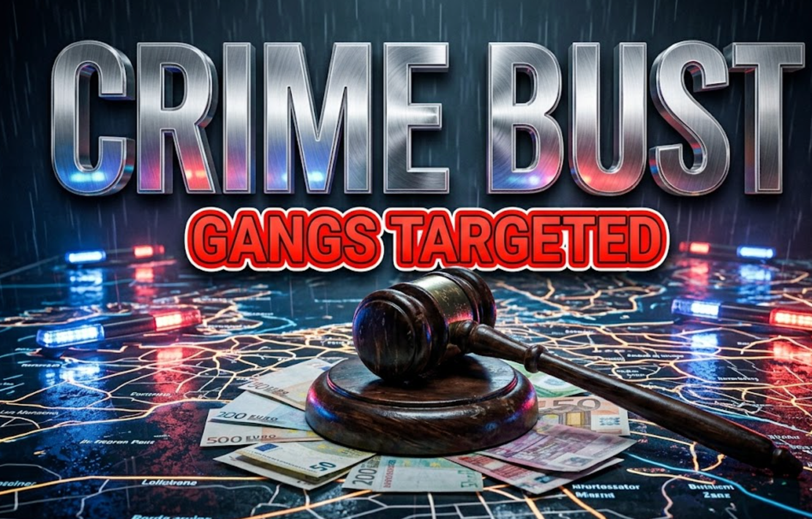 A viral, hyper-realistic YouTube thumbnail with a gritty cinematic police atmosphere. The background is a detailed glowing European city map with dark moody street lighting. The composition uses a low angle to focus on the main subject: a massive wooden judge's gavel resting heavily on stacks of foreign currency. Image size should be 3:2. The image features massive 3D typography with strict hierarchy: The Primary Text reads exactly: 'CRIME BUST'. This text is massive, the largest element in the frame, rendered in brushed chrome to look like a high-budget 3D render. The Secondary Text reads exactly: 'GANGS TARGETED'. This text is significantly smaller, positioned below the main text. It features a thick, bright red color border outline in sticker style to contrast against the background. The text materials correspond to the story's concept. Crucial Instruction: There is absolutely NO other text, numbers, watermarks, or subtitles in this image other than these two specific lines. 8k, Unreal Engine 5, cinematic render.