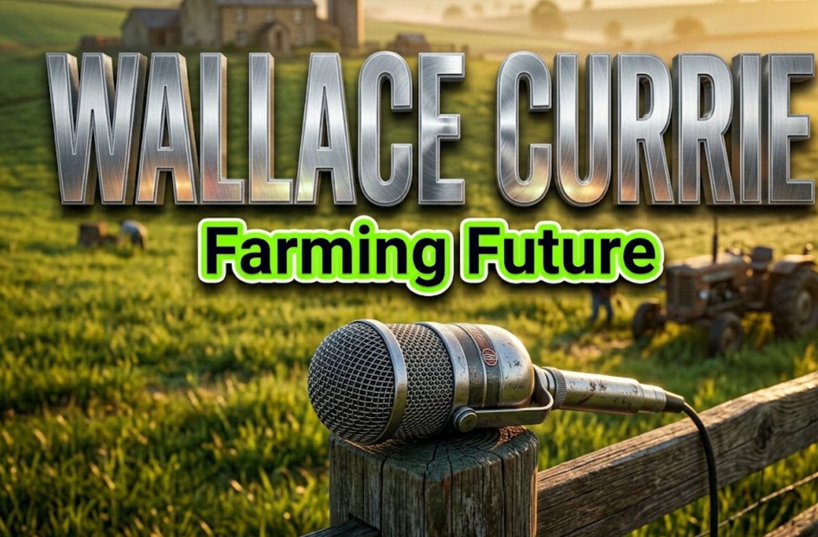 A viral, hyper-realistic YouTube thumbnail with a kinetic atmosphere. The background is a sprawling green agricultural field at sunrise with warm golden hour lighting. The composition uses a low angle to focus on the main subject: a highly detailed vintage broadcasting microphone resting on a rustic wooden fence post. Image size should be 3:2. The image features massive 3D typography with strict hierarchy: The Primary Text reads exactly: 'WALLACE CURRIE'. This text is massive, the largest element in the frame, rendered in brushed chrome to look like a high-budget 3D render. The Secondary Text reads exactly: 'Farming Future'. This text is significantly smaller, positioned below or next to the main text. It features a thick, distinct neon green border outline to contrast against the background. Make sure text 2 is always different theme, style, effect and border compared to text 1. The text materials correspond to the story's concept. Crucial Instruction: There is absolutely NO other text, numbers, watermarks, or subtitles in this image other than these two specific lines. 8k, Unreal Engine 5, cinematic render.