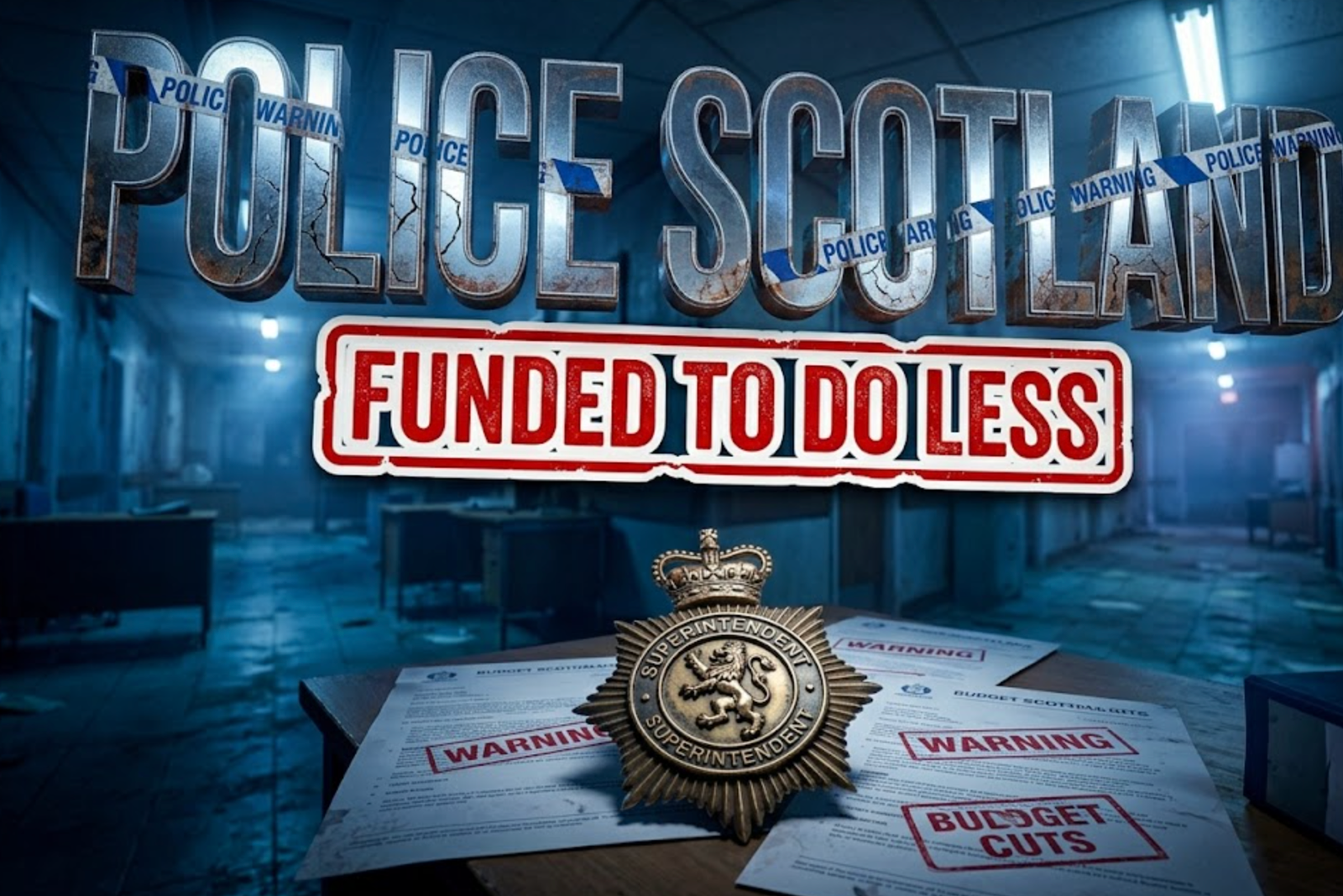A viral, hyper-realistic YouTube thumbnail with a dramatic law enforcement atmosphere. The background is a dimly lit Scottish police station hallway with emergency blue lighting casting shadows across worn linoleum floors and empty desks, creating a sense of abandonment and crisis. Fluorescent lights flicker overhead with volumetric fog effects. The composition uses a Dutch Angle to convey instability and urgency, focusing on the main subject: a detailed police superintendent's badge lying on an empty desk next to scattered budget documents with red warning stamps. Image size should be 3:2. The image features massive 3D typography with strict hierarchy: The Primary Text reads exactly: 'POLICE SCOTLAND'. This text is massive, the largest element in the frame, rendered in metallic chrome with cracked texture and警 warning tape wrapped around letters to look like a high-budget 3D render with dramatic backlighting. The Secondary Text reads exactly: 'FUNDED TO DO LESS'. This text is significantly smaller, positioned below the main text. It features a thick, distinct red and white border/outline (sticker style) with distressed edges to contrast against the background. Make sure text 2 is always different theme, style, effect and border compared to text 1. The text materials correspond to the story's concept. Crucial Instruction: There is absolutely NO other text, numbers, watermarks, or subtitles in this image other than these two specific lines. 8k, Unreal Engine 5, cinematic render