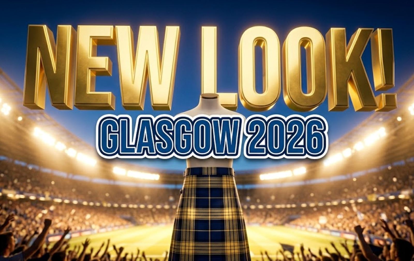 A viral, hyper-realistic YouTube thumbnail with a Kinetic atmosphere. The background is a glowing, blurred massive sports stadium filled with cheering fans and bright floodlights with high contrast cinematic lighting. The composition uses a Low Angle to focus on the main subject: a detailed faceless mannequin torso proudly wearing a sharp, modern navy blue and metallic gold Scottish tartan kilt. Image size should be 3:2. The image features massive 3D typography with strict hierarchy: The Primary Text reads exactly: 'NEW LOOK!'. This text is massive, the largest element in the frame, rendered in glowing metallic Gold to look like a high-budget 3D render. The Secondary Text reads exactly: 'GLASGOW 2026'. This text is significantly smaller, positioned below the main text. It features a thick, solid white color border against the background. The text materials correspond to the story's concept. Crucial Instruction: There is absolutely NO other text, numbers, watermarks, or subtitles in this image other than these two specific lines. 8k, Unreal Engine 5, cinematic render.