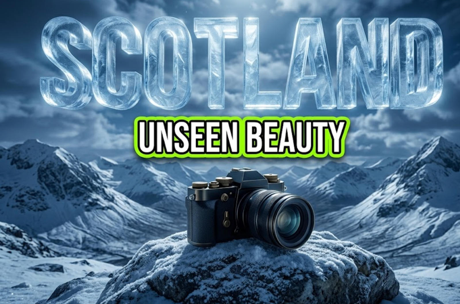 A viral, hyper-realistic YouTube thumbnail with a Cinematic atmosphere. The background is a breathtaking Scottish Highland mountain range covered in snow with ethereal moonlight piercing through scattered clouds. The composition uses a Low Angle to focus on the main subject: a vintage, high-end professional camera resting on a frost-covered rock. Image size should be 3:2. The image features massive 3D typography with strict hierarchy: The Primary Text reads exactly: 'SCOTLAND'. This text is massive, the largest element in the frame, rendered in Crystal Ice to look like a high-budget 3D render. The Secondary Text reads exactly: 'UNSEEN BEAUTY'. This text is significantly smaller, positioned below or next to the main text. It features a thick, distinct neon green border/outline (sticker style) to contrast against the background. Make sure text 2 is always different theme, style, effect and border compared to text 1. The text materials correspond to the story's concept. Crucial Instruction: There is absolutely NO other text, numbers, watermarks, or subtitles in this