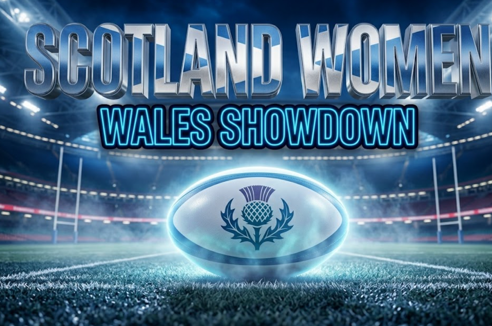 A viral, hyper-realistic sports promotional image with a dynamic stadium atmosphere bathed in blue and white Scottish tones. The background features the blurred Principality Stadium with dramatic lighting cascading across rugby field lines. The composition uses a low-angle camera perspective to convey power and determination. The main subject is a rugby ball positioned at the center, glowing with ethereal light and adorned with the Scottish thistle emblem. Image size should be 3:2. The image features massive 3D typography with strict hierarchy: The Primary Text reads exactly: 'SCOTLAND WOMEN'. This text is massive, the largest element in the frame, rendered in gleaming silver chrome with a subtle Scottish flag texture overlay creating a premium 3D effect. The Secondary Text reads exactly: 'WALES SHOWDOWN'. This text is significantly smaller, positioned below the main text, featuring a thick bright blue neon border outline styled like a modern sticker against the stadium background. The text materials emphasize rugby heritage and championship prestige. Crucial Instruction: There is absolutely no other text, numbers, watermarks, or subtitles in this image other than these two specific lines. 8k, Unreal Engine 5, cinematic render with stadium lighting effects.