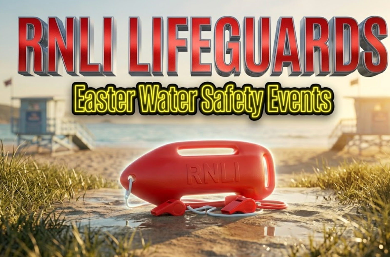 A viral, hyper-realistic YouTube thumbnail with a bright, community-focused coastal atmosphere. The background features a scenic Scottish beach with golden afternoon sunlight, calm waters, and lifeguard towers in soft focus. The composition uses a dynamic low angle to emphasize action and trust, focusing on the main subject: a bright red RNLI rescue buoy and whistle equipment arranged on wet sand. Image size should be 3:2. The image features massive 3D typography with strict hierarchy: The Primary Text reads exactly: 'RNLI LIFEGUARDS'. This text is massive, the largest element in the frame, rendered in bright lifeguard red with metallic chrome effects and a 3D depth glow to look like an official rescue service badge. The Secondary Text reads exactly: 'Easter Water Safety Events'. This text is significantly smaller, positioned below the main text, featuring a thick bright yellow neon border outline sticker style contrasting sharply against the beach background. The text materials correspond to official rescue service branding. There is absolutely NO other text, numbers, watermarks, or subtitles in this image other than these two specific lines. 8k, Unreal Engine 5, cinematic render.