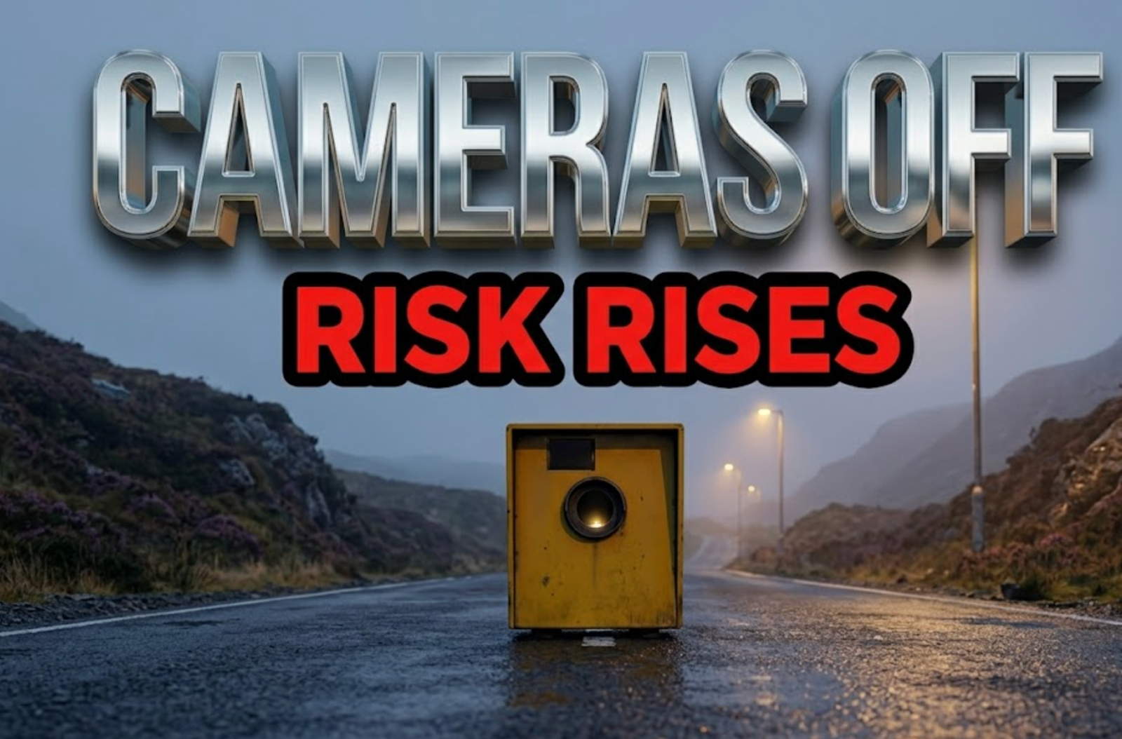 A viral, hyper-realistic YouTube thumbnail with a Tech atmosphere. The background is a misty Scottish highland road at twilight with glowing yellow street lights and wet asphalt. The composition uses a Low Angle to focus on the main subject: a yellow fixed speed camera box with a dark, empty lens hole. Image size should be 3:2. The image features massive 3D typography with strict hierarchy: The Primary Text reads exactly: 'CAMERAS OFF'. This text is massive, the largest element in the frame, rendered in Chrome to look like a high-budget 3D render. The Secondary Text reads exactly: 'RISK RISES'. This text is significantly smaller, positioned below the main text. It features a thick, distinct