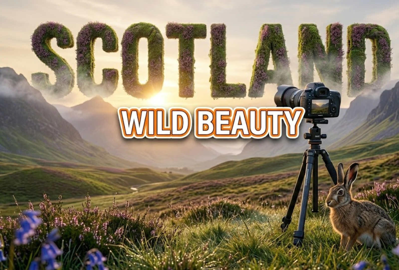 A viral, hyper-realistic YouTube thumbnail with a magical Scottish Highlands atmosphere. The background is a sweeping landscape of rolling green hills meeting misty mountains under a dramatic dawn sky with golden hour lighting. The composition uses a wide-angle low camera angle to showcase the majestic terrain. The main subject is a professional DSLR camera mounted on a tripod positioned in the foreground on dewy grass, with a brown hare sitting alertly beside it in sharp focus. Image size should be 3:2. The image features massive 3D typography with strict hierarchy: The Primary Text reads exactly: 'SCOTLAND'. This text is massive, the largest element in the frame, rendered in textured Scottish heather and moss material with morning mist swirling through the letters to look like a high-budget 3D render. The Secondary Text reads exactly: 'WILD BEAUTY'. This text is significantly smaller, positioned below the main text. It features a thick, distinct bright orange border/outline (sticker style) with white fill to contrast against the background. Make sure text 2 is always different theme, style, effect and border compared to text 1. The text materials correspond to the story's concept. Crucial Instruction: There is absolutely NO other text, numbers, watermarks, or subtitles in this image other than these two specific lines. 8k, Unreal Engine 5, cinematic render.