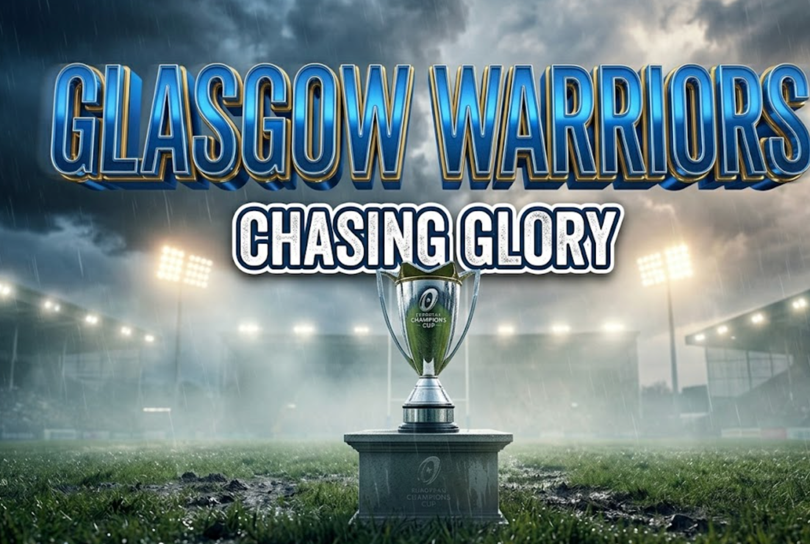 A viral, hyper-realistic YouTube thumbnail with a dramatic sports stadium atmosphere split down the middle. The background is a rain-soaked Scottish rugby pitch at twilight with stadium floodlights piercing through mist and dramatic stormy clouds above. The composition uses a low angle shot to emphasize power and scale, focusing on the main subject: a gleaming European Champions Cup trophy positioned center-frame, reflecting stadium lights. Image size should be 3:2.

The image features massive 3D typography with strict hierarchy:

The Primary Text reads exactly: 'GLASGOW WARRIORS'. This text is massive, the largest element in the frame, rendered in electric blue chrome with golden accents to look like a high-budget 3D render with motion blur effect suggesting forward momentum.

The Secondary Text reads exactly: 'CHASING GLORY'. This text is significantly smaller, positioned below the main text. It features a thick, distinct white and navy blue border/outline (sticker style) with a gritty texture effect to contrast against the background. Make sure text 2 is always different theme, style, effect and border compared to text 1.