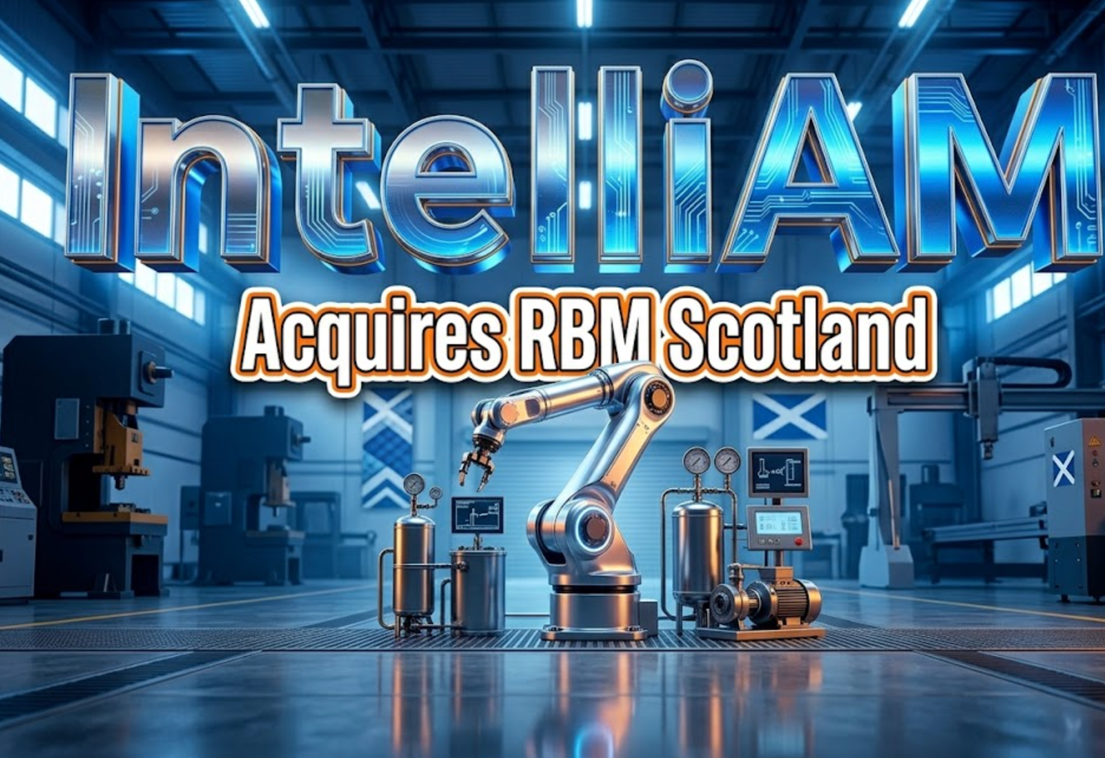 A viral, hyper-realistic YouTube thumbnail with a corporate tech-meets-industrial atmosphere. The background is a modern manufacturing facility floor in Scotland with blue-tinted industrial lighting streaming through high windows, machinery silhouettes visible, and a subtle Scottish flag element integrated into the environment. The composition uses a low angle shot to focus on the main subject: a gleaming robotic arm positioned next to traditional lubrication equipment and monitoring devices, symbolizing the merger of AI technology with traditional industrial services. Image size should be 3:2. The image features massive 3D typography with strict hierarchy: The Primary Text reads exactly: 'IntelliAM'. This text is massive, the largest element in the frame, rendered in Chrome and Electric Blue gradient with holographic reflections to look like a high-budget 3D render with futuristic AI circuit patterns flowing through the letters. The Secondary Text reads exactly: 'Acquires RBM Scotland'. This text is significantly smaller, positioned below the main text. It features a thick, distinct orange and white border/outline in sticker style to contrast against the background. Crucial Instruction: There is absolutely NO other text, numbers, watermarks, or subtitles in this image other than these two specific lines. 8k, Unreal Engine 5, cinematic render.