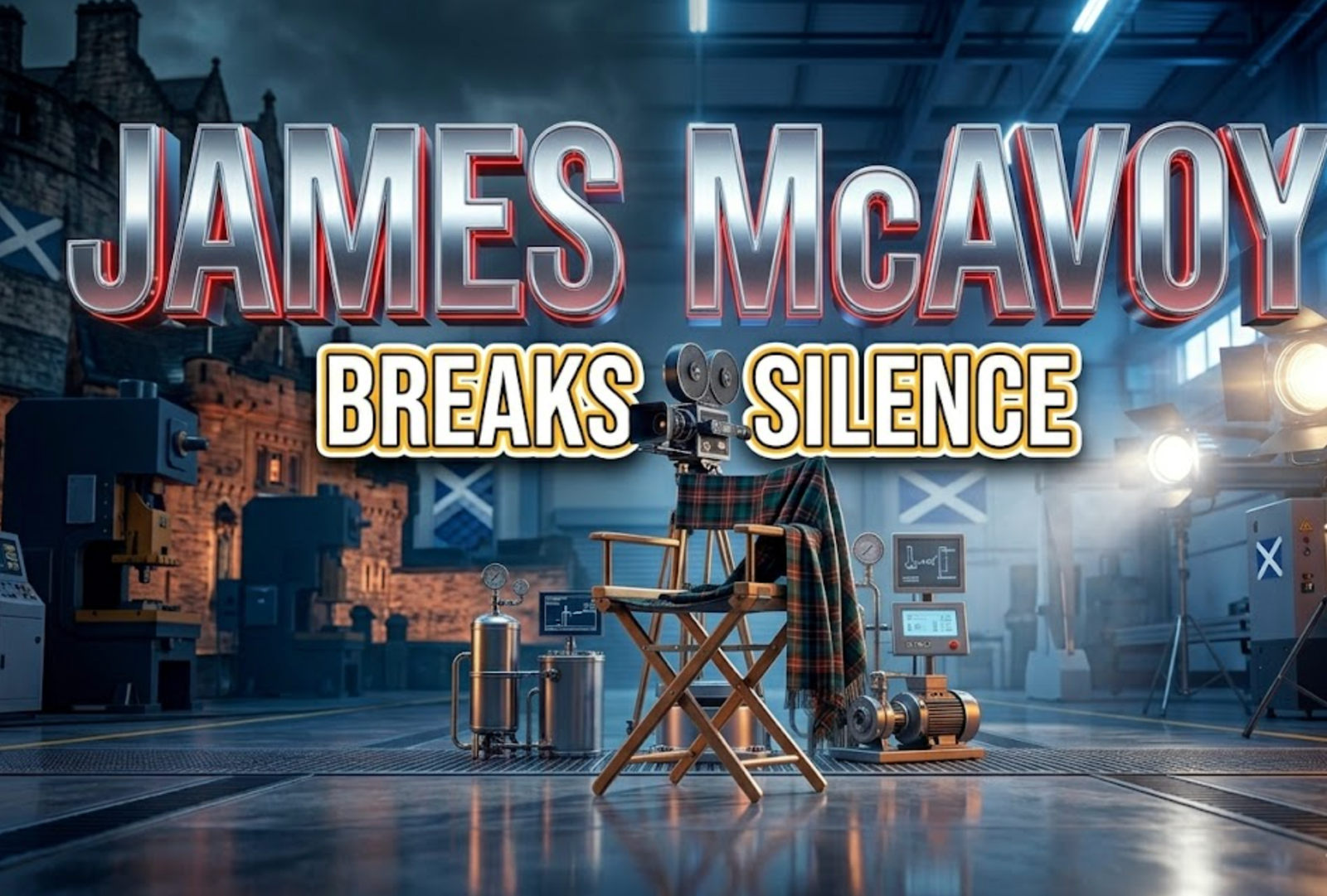 A viral, hyper-realistic YouTube thumbnail with a cinematic Hollywood atmosphere. The background is a split-screen composition showing iconic Edinburgh architecture on one side with dramatic moody lighting, and bright Hollywood spotlights on the other, creating stark contrast. The composition uses a low-angle shot to focus on the main subject: a vintage film camera on a director's chair with a Scottish tartan pattern draped over it. Image size should be 3:2. The image features massive 3D typography with strict hierarchy: The Primary Text reads exactly: 'JAMES McAVOY'. This text is massive, the largest element in the frame, rendered in polished chrome with red accent lighting to look like a high-budget 3D render. The Secondary Text reads exactly: 'BREAKS SILENCE'. This text is significantly smaller, positioned below the main text. It features a thick, distinct golden yellow border/outline with sticker style to contrast against the background. Make sure text 2 is always different theme, style, effect and border compared to text 1. The text materials correspond to the story's concept. Crucial Instruction: There is absolutely NO other text, numbers, watermarks, or subtitles in this image other than these two specific lines. 8k, Unreal Engine 5, cinematic render.