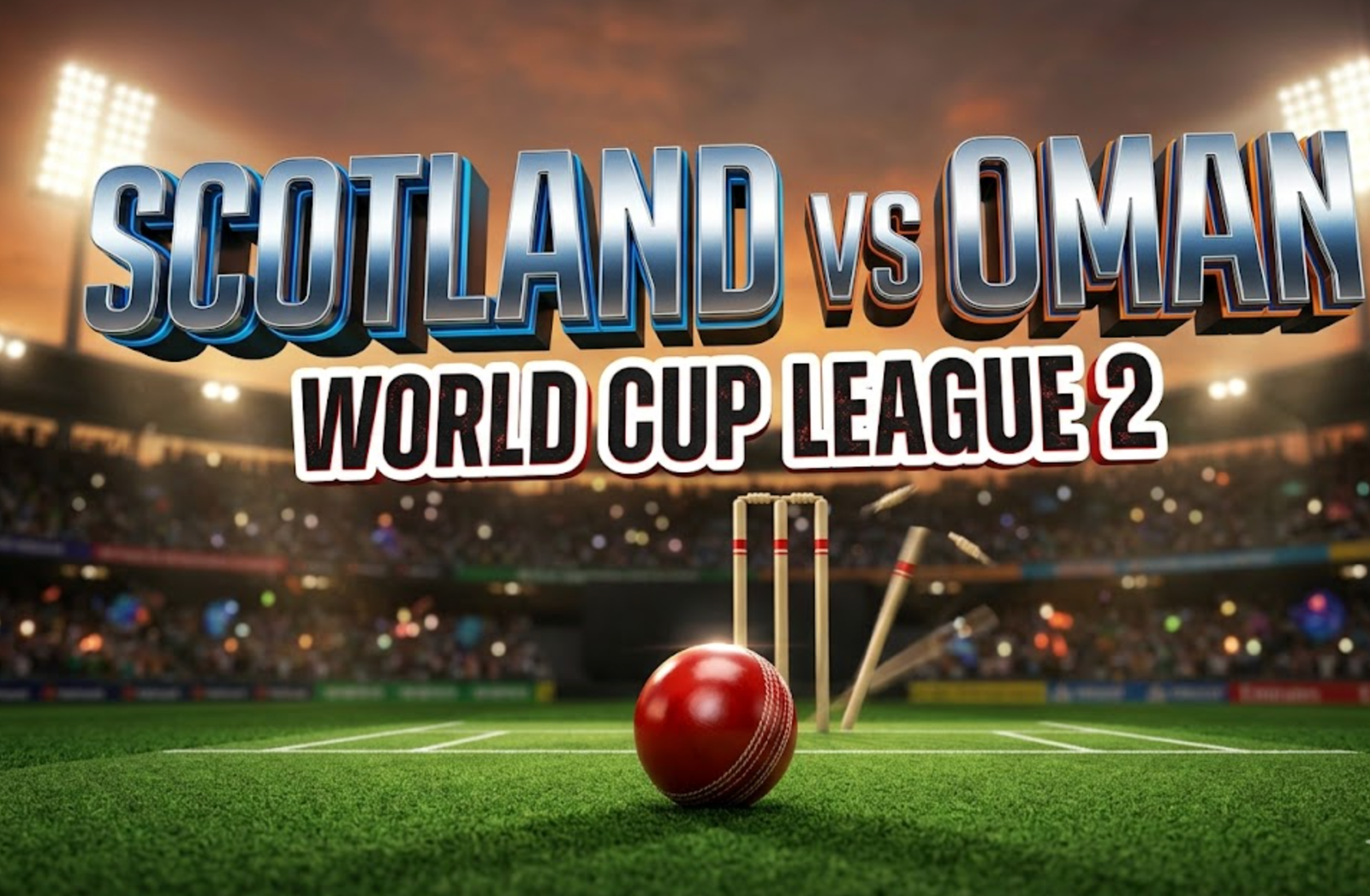 A viral, hyper-realistic YouTube thumbnail with a dynamic cricket stadium atmosphere. The background is a sprawling cricket ground at golden hour with dramatic floodlights piercing through a dusky orange sky, stadium crowds blurred in bokeh effect, and a pristine green pitch in sharp focus. The composition uses a low-angle shot to focus on the main subject: a gleaming cricket ball positioned on the pitch with stumps dramatically placed behind it, all rendered with motion blur effects suggesting speed and intensity. Image size should be 3:2. The image features massive 3D typography with strict hierarchy: The Primary Text reads exactly: 'SCOTLAND vs OMAN'. This text is massive, the largest element in the frame, rendered in metallic chrome with electric blue and orange gradient accents to look like a high-budget 3D render with dramatic shadows. The Secondary Text reads exactly: 'WORLD CUP LEAGUE 2'. This text is significantly smaller, positioned below the main text. It features a thick, distinct white border/outline with red accents (sticker style) in bold sans-serif font to contrast against the background. Make sure text 2 is always different theme, style, effect and border compared to text 1. The text materials correspond to the story's concept. Crucial Instruction: There is absolutely NO other text, numbers, watermarks, or subtitles in this image other than these two specific lines. 8k, Unreal Engine 5, cinematic render