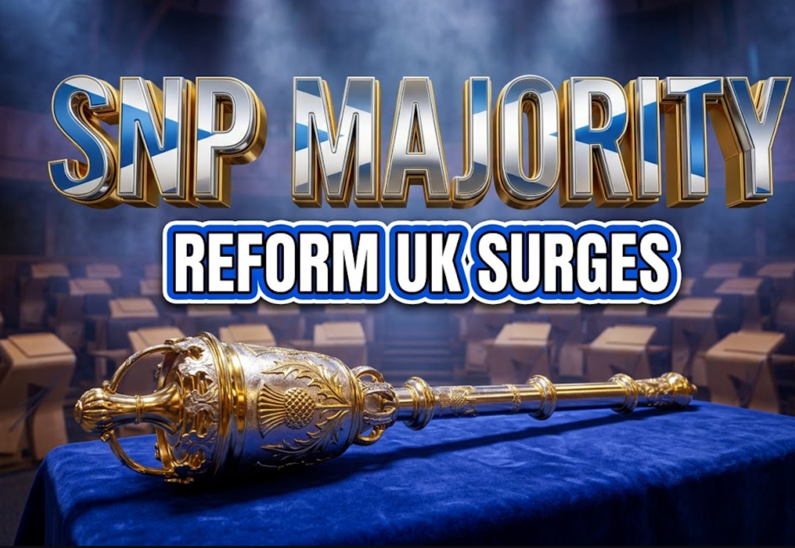 A viral, hyper-realistic YouTube thumbnail with a dramatic political atmosphere featuring Scottish national colors. The background is a grand Scottish Parliament chamber in Holyrood with dramatic spotlight lighting cutting through a misty blue and purple ambiance, parliament benches visible in soft focus. The composition uses a low angle hero shot to focus on the main subject: an ornate ceremonial mace lying across richly textured velvet cloth in deep royal blue, with subtle Scottish thistle engravings catching golden light. Image size should be 3:2. The image features massive 3D typography with strict hierarchy: The Primary Text reads exactly: 'SNP MAJORITY'. This text is massive, the largest element in the frame, rendered in polished chrome with gold accents and Scottish flag color highlights to look like a high-budget 3D render with real-time reflection effects. The Secondary Text reads exactly: 'REFORM UK SURGES'. This text is significantly smaller, positioned below the main text. It features a thick, distinct electric blue border with white outline in bold sticker style to contrast against the background. Make sure text 2 is always different theme, style, effect and border compared to text 1. The text materials correspond to the story's concept. Crucial Instruction: There is absolutely NO other text, numbers, watermarks, or subtitles in this image other than these two specific lines. 8k, Unreal Engine 5, cinematic render.