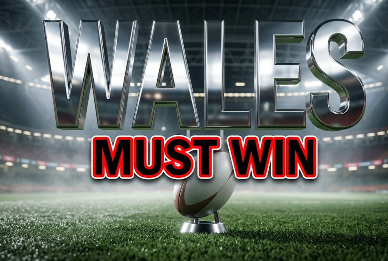 A viral, hyper-realistic YouTube thumbnail with a Sports atmosphere. The background is a blurred, high-contrast interior of the Principality Stadium under bright floodlights with a slight morning mist. The composition uses a Low Angle for power to focus on the main subject: a pristine, textured rugby ball sitting on a silver kicking tee in the center of the field. Image size should be 3:2. The image features massive 3D typography with strict hierarchy: The Primary Text reads exactly: 'WALES'. This text is massive, the largest element in the frame, rendered in Chrome to look like a high-budget 3D render. The Secondary Text reads exactly: 'MUST WIN'. This text is significantly smaller, positioned below the main text. It features a thick, distinct bright red border outline to contrast against the background. Make sure text 2 is always different theme, style, effect and border compared to text 1. The text materials correspond to the story's concept. Crucial Instruction: There is absolutely NO other text, numbers, watermarks, or subtitles in this image other than these two specific lines. 8k, Unreal Engine 5, cinematic render
