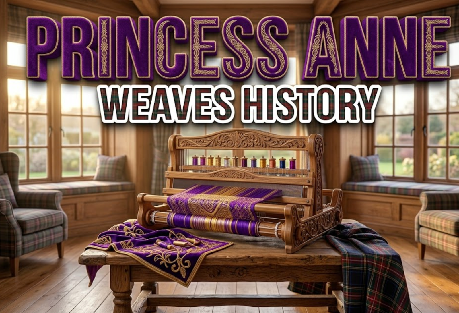 A viral, hyper-realistic YouTube thumbnail with a warm, compassionate healthcare atmosphere. The background is a Scottish hospice interior with soft natural lighting streaming through large windows, featuring tartan patterns and oak wood textures with a gentle golden hour glow. The composition uses a medium low angle to focus on the main subject: an ornate wooden weaving loom with colorful threads beginning to form a pattern, royal purple and gold threads prominently displayed in the foreground. Image size should be 3:2. The image features massive 3D typography with strict hierarchy: The Primary Text reads exactly: 'PRINCESS ANNE'. This text is massive, the largest element in the frame, rendered in Royal Purple Velvet with Gold Embroidery to look like a high-budget 3D render. The Secondary Text reads exactly: 'WEAVES HISTORY'. This text is significantly smaller, positioned below the main text. It features a thick, distinct white and tartan plaid border/outline (sticker style) to contrast against the background. Make sure text 2 is always different theme, style, effect and border compared to text 1. The text materials correspond to the story's concept. Crucial Instruction: There is absolutely NO other text, numbers, watermarks, or subtitles in this image other than these two specific lines. 8k, Unreal Engine 5, cinematic render