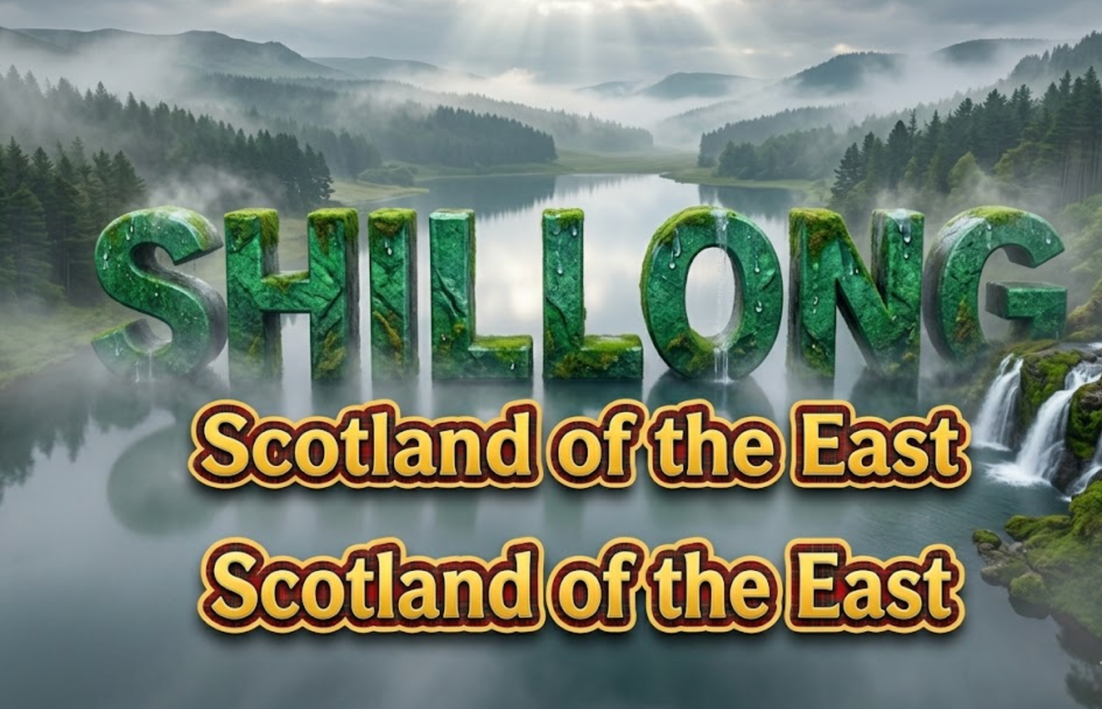 A viral, hyper-realistic YouTube thumbnail with a serene highland atmosphere blending Indian and Scottish aesthetics. The background is a misty valley with rolling pine-covered hills fading into fog, featuring cascading waterfalls and a pristine lake reflecting overcast skies with dramatic rays of sunlight breaking through clouds. The composition uses a wide-angle aerial perspective to showcase the expansive landscape. Image size should be 3:2. The image features massive 3D typography with strict hierarchy: The Primary Text reads exactly: 'SHILLONG'. This text is massive, the largest element in the frame, rendered in emerald-green moss-covered stone with water droplets and mist effects to look like a high-budget 3D render. The Secondary Text reads exactly: 'Scotland of the East'. This text is significantly smaller, positioned below the main text. It features a thick, distinct golden-yellow border with tartan pattern accents (sticker style) to contrast against the misty background. Make sure text 2 is always different theme, style, effect and border compared to text 1. The text materials correspond to the story's concept of blending Scottish and Indian natural beauty. Crucial Instruction: There is absolutely NO other text, numbers, watermarks, or subtitles in this image other than these two specific lines. 8k, Unreal Engine 5