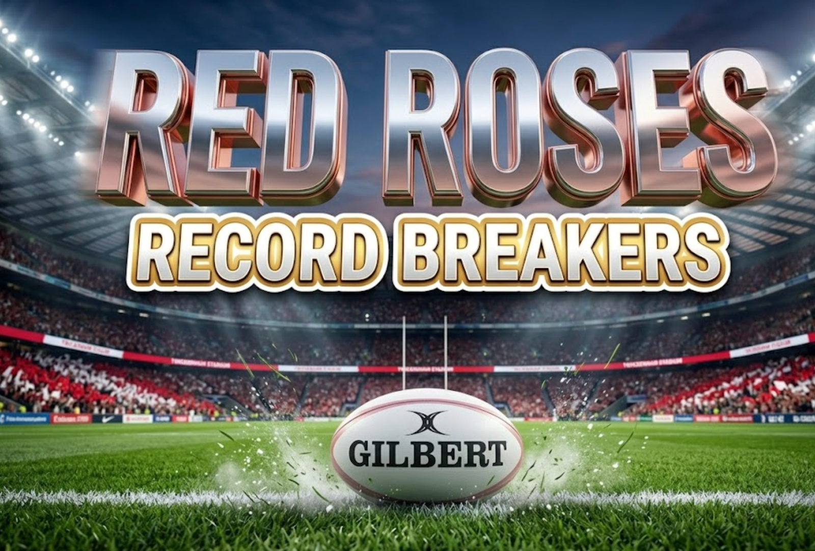 A viral, hyper-realistic YouTube thumbnail with a powerful sports stadium atmosphere. The background is a packed Twickenham Stadium at twilight with dramatic floodlights piercing through, creating god rays across the pitch, with red and white team colors dominating the stands. The composition uses a low-angle hero shot to focus on the main subject: a pristine white Gilbert rugby ball positioned on the tryline with fresh grass blades and white chalk dust particles suspended in air. Image size should be 3:2. The image features massive 3D typography with strict hierarchy: The Primary Text reads exactly: 'RED ROSES'. This text is massive, the largest element in the frame, rendered in Polished Chrome with Rose Gold accents and dynamic motion blur trails to look like a high-budget 3D render. The Secondary Text reads exactly: 'RECORD BREAKERS'. This text is significantly smaller, positioned below the main text. It features a thick, distinct white and gold gradient border/outline in bold sticker style to contrast against the background. Make sure text 2 is always different theme, style, effect and border compared to text 1. The text materials correspond to the championship victory concept. Crucial Instruction: There is absolutely NO other text, numbers, watermarks, or subtitles in this image other than these two specific lines. 8k, Unreal Engine 5, cinematic render