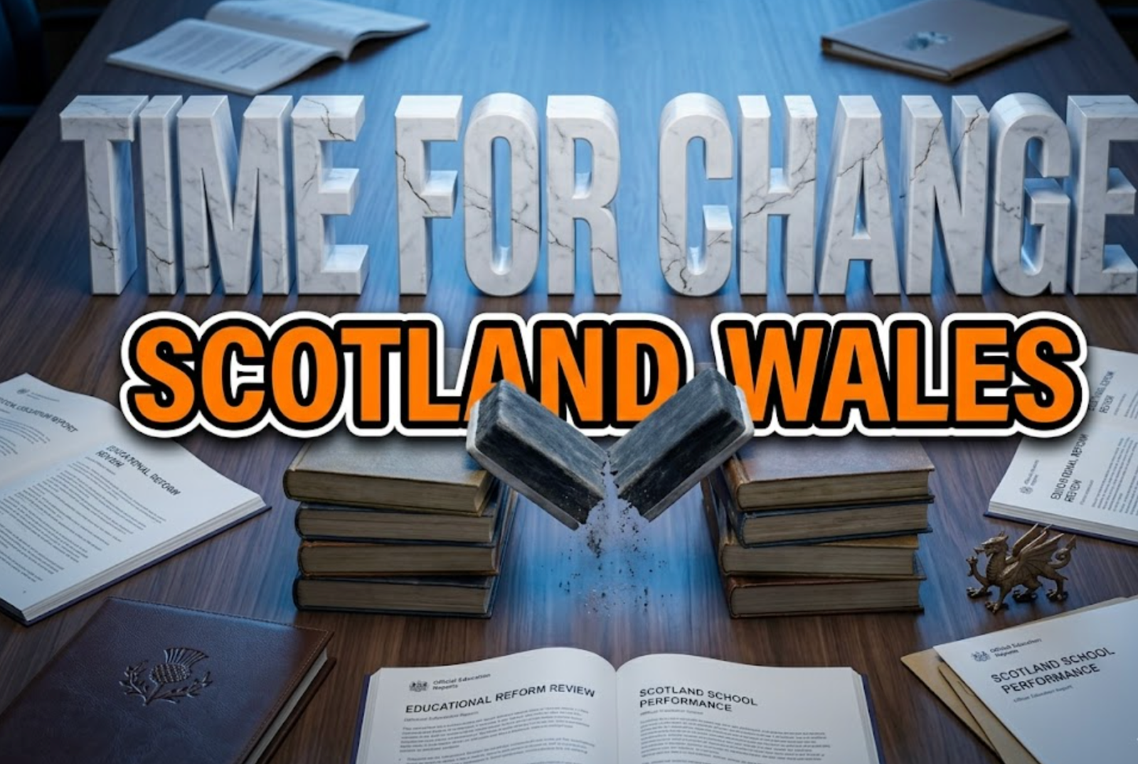 A viral, hyper-realistic YouTube thumbnail with a serious policy think tank atmosphere. The background is a wooden table scattered with official education reports and two subtle national symbols under cool blue overhead lighting. The composition uses a high angle to focus on the main subject: a broken chalkboard eraser splitting two neat stacks of books. Image size should be 3:2.
The image features massive 3D typography with strict hierarchy:
The Primary Text reads exactly: 'TIME FOR CHANGE'. This text is massive, the largest element in the frame, rendered in polished marble with subtle cracks to look like a high-budget 3D render.
The Secondary Text reads exactly: 'SCOTLAND WALES'. This text is significantly smaller, positioned below the main text. It features a thick, distinct bright orange border/outline (sticker style) to contrast against the background. Make sure text 2 is always different theme, style, effect and border compared to text 1.

The text materials correspond to the story's concept. Crucial Instruction: There is absolutely NO other text, numbers, watermarks, or subtitles in this image other than these two specific lines. 8k, Unreal Engine 5, cinematic render