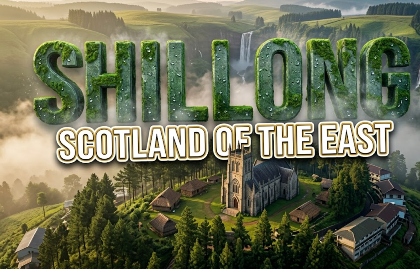 A viral, hyper-realistic YouTube thumbnail with a mystical highland atmosphere. The background is a breathtaking misty hillscape of rolling green meadows dotted with pine forests, cascading waterfalls in the distance, and fog rolling through valleys, lit with soft golden hour lighting filtering through clouds. The composition uses a wide-angle aerial shot to focus on the main subject: a vintage British colonial stone church with Gothic architecture nestled among pine trees, surrounded by traditional Khasi huts and modern buildings blending into the landscape. Image size should be 3:2. The image features massive 3D typography with strict hierarchy: The Primary Text reads exactly: 'SHILLONG'. This text is massive, the largest element in the frame, rendered in emerald green moss-covered stone material with water droplets and mist particles to look like a high-budget 3D render. The Secondary Text reads exactly: 'SCOTLAND OF THE EAST'. This text is significantly smaller, positioned below the main text. It features a thick, distinct white and gold border outline in sticker style to contrast against the misty background. Make sure text 2 is always different theme, style, effect and border compared to text 1. The text materials correspond to the story's concept. Crucial Instruction: There is absolutely NO other text, numbers, watermarks, or subtitles in this image other than these two specific lines. 8k, Unreal Engine 5, cinematic render.