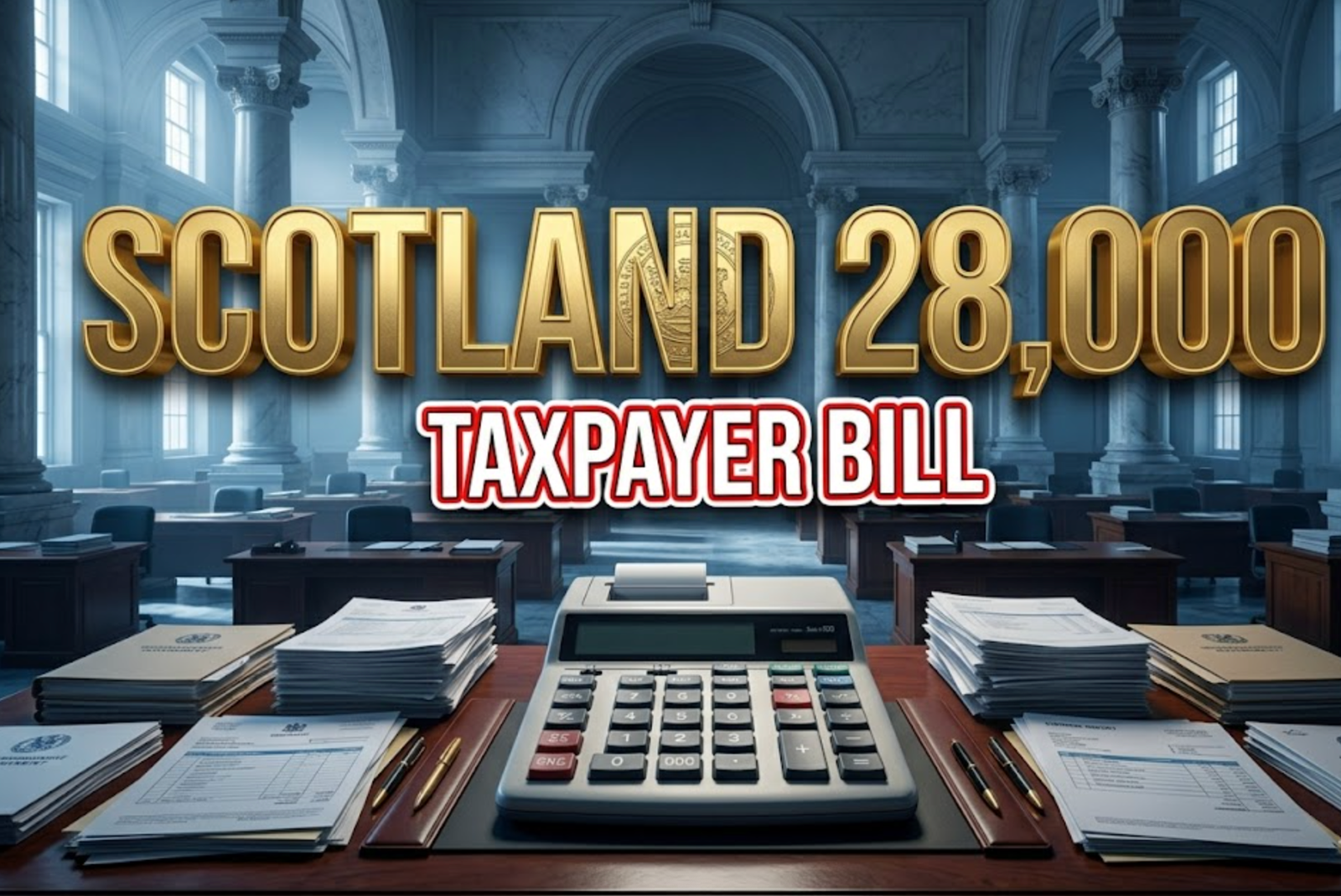 A viral, hyper-realistic YouTube thumbnail with a dramatic governmental atmosphere. The background is a grand but eerily empty Scottish government office building with neoclassical architecture, marble columns, and rows of vacant desks bathed in cold blue-grey lighting streaming through tall windows. The composition uses a wide-angle low shot to emphasize the scale and emptiness, focusing on the main subject: an oversized calculator sitting on a polished mahogany desk surrounded by stacks of official documents and expense reports. Image size should be 3:2. The image features massive 3D typography with strict hierarchy: The Primary Text reads exactly: 'SCOTLAND 28,000'. This text is massive, the largest element in the frame, rendered in metallic gold with a parliamentary seal texture to look like a high-budget 3D render. The Secondary Text reads exactly: 'TAXPAYER BILL'. This text is significantly smaller, positioned below the main text. It features a thick, distinct red color border/outline (sticker style) with a bold white fill to contrast against the background. Make sure text 2 is always different theme, style, effect and border compared to text 1. The text materials correspond to the story's concept. Crucial Instruction: There is absolutely NO other text, numbers, watermarks, or subtitles in this image other than these two specific lines. 8k, Unreal Engine 5, cinematic render.