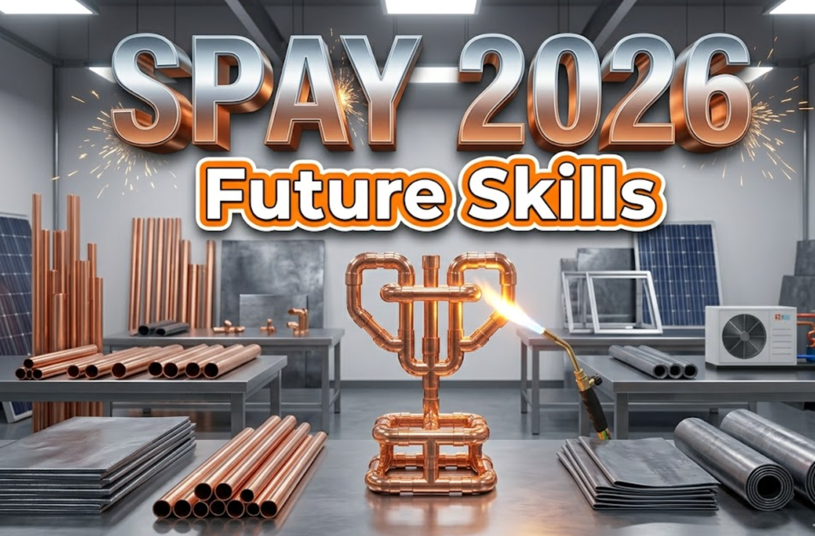 A viral, hyper-realistic image with a modern industrial-educational atmosphere. The background is a state-of-the-art college workshop with pristine copper pipes, lead sheets, and renewable energy equipment displayed on steel workbenches, illuminated by bright overhead LED panels casting crisp shadows. The composition uses a low angle shot to emphasize professionalism and scale, focusing on the main subject: gleaming copper pipe fittings arranged in a championship trophy formation with a blowtorch flame creating dramatic backlighting. Image size should be 3:2. The image features massive 3D typography with strict hierarchy: The Primary Text reads exactly: 'SPAY 2026'. This text is massive, the largest element in the frame, rendered in polished chrome and copper gradient with welding sparks particle effects to look like a high-budget 3D render. The Secondary Text reads exactly: 'Future Skills'. This text is significantly smaller, positioned below the main text. It features a thick, distinct bright safety-orange border/outline in sticker style to contrast against the metallic background. Make sure text 2 is always different theme, style, effect and border compared to text 1. The text materials correspond to Scotland's apprenticeship excellence and modern trade education. Crucial Instruction: There is absolutely NO other text, numbers, watermarks, or subtitles in this image other than these two specific lines. 8k, Unreal Engine 5, cinematic render.