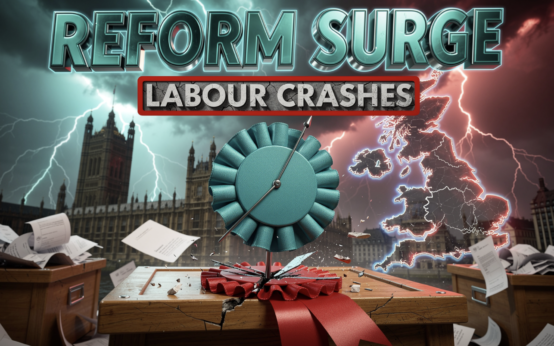 A viral, hyper realistic YouTube thumbnail with a charged political earthquake atmosphere. The background is a stormy Westminster skyline with the Houses of Parliament under turquoise and red lightning, ballot boxes overflowing in the foreground, and a torn UK map showing England, Scotland and Wales splitting apart with crackling neon energy. The composition uses a low angle dutch tilt to focus on the main subject: a giant turquoise Reform UK rosette pinned through a shattered red Labour rosette on a wooden ballot box, with scattered voting slips frozen mid air. Image size should be 3:2. The image features massive 3D typography with strict hierarchy: The Primary Text reads exactly: 'REFORM SURGE'. This text is massive, the largest element in the frame, rendered in molten chrome turquoise with electric blue glow to look like a high budget 3D render. The Secondary Text reads exactly: 'LABOUR CRASHES'. This text is significantly smaller, positioned below the main text. It features a thick bright red sticker style border with a cracked concrete fill and white outline to contrast against the background. Make sure text 2 is always different theme, style, effect and border compared to text 1. The text materials correspond to the story's concept. Crucial Instruction: There is absolutely NO other text, numbers, watermarks, or subtitles in this image other than these two specific lines. 8k, Unreal Engine 5, cinematic render.
