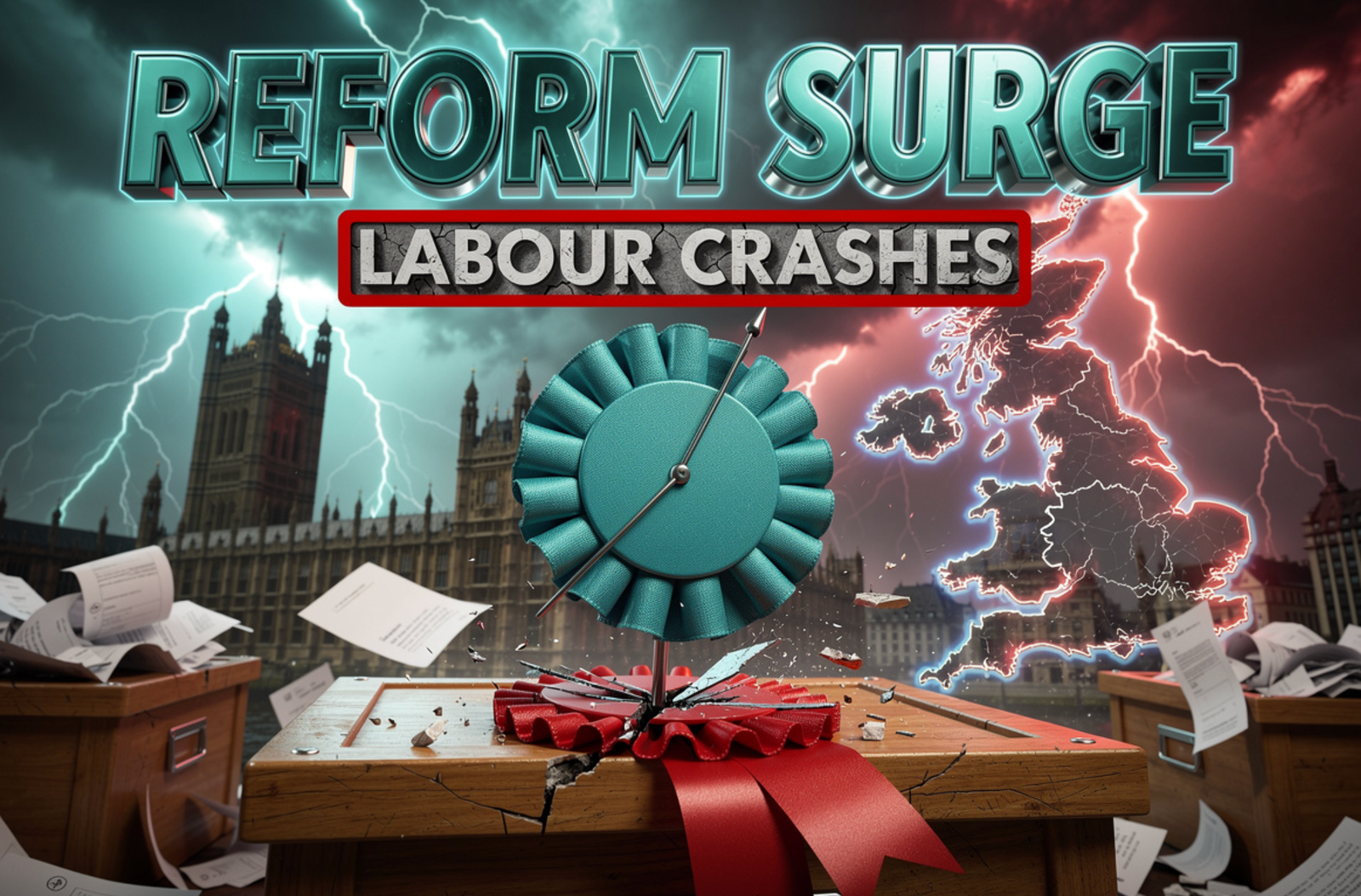 A viral, hyper realistic YouTube thumbnail with a charged political earthquake atmosphere. The background is a stormy Westminster skyline with the Houses of Parliament under turquoise and red lightning, ballot boxes overflowing in the foreground, and a torn UK map showing England, Scotland and Wales splitting apart with crackling neon energy. The composition uses a low angle dutch tilt to focus on the main subject: a giant turquoise Reform UK rosette pinned through a shattered red Labour rosette on a wooden ballot box, with scattered voting slips frozen mid air. Image size should be 3:2. The image features massive 3D typography with strict hierarchy: The Primary Text reads exactly: 'REFORM SURGE'. This text is massive, the largest element in the frame, rendered in molten chrome turquoise with electric blue glow to look like a high budget 3D render. The Secondary Text reads exactly: 'LABOUR CRASHES'. This text is significantly smaller, positioned below the main text. It features a thick bright red sticker style border with a cracked concrete fill and white outline to contrast against the background. Make sure text 2 is always different theme, style, effect and border compared to text 1. The text materials correspond to the story's concept. Crucial Instruction: There is absolutely NO other text, numbers, watermarks, or subtitles in this image other than these two specific lines. 8k, Unreal Engine 5, cinematic render.