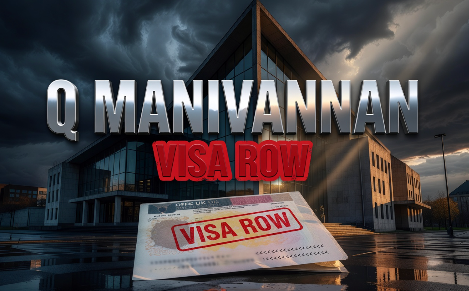 A viral, hyper-realistic YouTube thumbnail with a tense political atmosphere. The background is the Scottish Parliament building at dusk beneath dramatic storm clouds, lit with moody blue-grey tones and sharp rays of amber light cutting through the skyline. The composition uses a low angle to focus on the main subject: a large, official UK visa document with a bold red stamp pressed firmly across it, placed powerfully in the foreground. Image size should be 3:2. The image features massive 3D typography with strict hierarchy: The Primary Text reads exactly: 'Q MANIVANNAN'. This text is massive, the largest element in the frame, rendered in gleaming chrome-silver metallic material with a reflective mirror finish to look like a high-budget cinematic 3D render. The Secondary Text reads exactly: 'VISA ROW'. This text is significantly smaller, positioned directly below the main text. It features a thick, bold blood-red border outline in sticker style with a rough torn-edge texture effect to contrast sharply against the dark stormy sky background. Make sure text 2 is always different theme, style, effect and border compared to text 1. The text materials correspond to the story's concept. Crucial Instruction: There is absolutely NO other text, numbers, watermarks, or subtitles in this image other than these two specific lines. 8k, Unreal Engine 5, cinematic render.