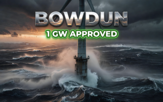 A viral, hyper-realistic YouTube thumbnail with a dramatic offshore energy atmosphere. The background is a vast, stormy North Sea at dusk with dark grey-blue waves, a glowing amber horizon, and cinematic volumetric fog rolling over the water. The composition uses a low-angle wide shot to focus on the main subject: a towering fixed-bottom offshore wind turbine structure rising from the ocean, its steel monopile base submerged in churning waves, shot from below to convey immense industrial scale. Image size should be 3:2. The image features massive 3D typography with strict hierarchy: The Primary Text reads exactly: 'BOWDUN'. This text is massive, the largest element in the frame, rendered in polished chrome-steel with ocean-light reflections and a weathered brushed-metal texture to look like a high-budget 3D render, floating above the turbine structure. The Secondary Text reads exactly: '1 GW APPROVED'. This text is significantly smaller, positioned directly below the main text. It features a thick, electric neon-green sticker-style border with a glow outline effect, rendered in bold flat white with sharp contrast against the stormy sea backdrop. The text materials correspond to industrial power and clean energy ambition. Crucial Instruction: There is absolutely NO other text, numbers, watermarks, or subtitles in this image other than these two specific lines. 8k, Unreal Engine 5, cinematic render.