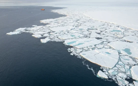 Antarctic marginal ice zone where Southern Ocean waves break sea ice into floes.