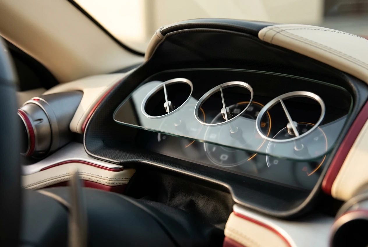 Ferrari Luce Samsung OLED dashboard with stacked HIAA layered binnacle and physical needles.