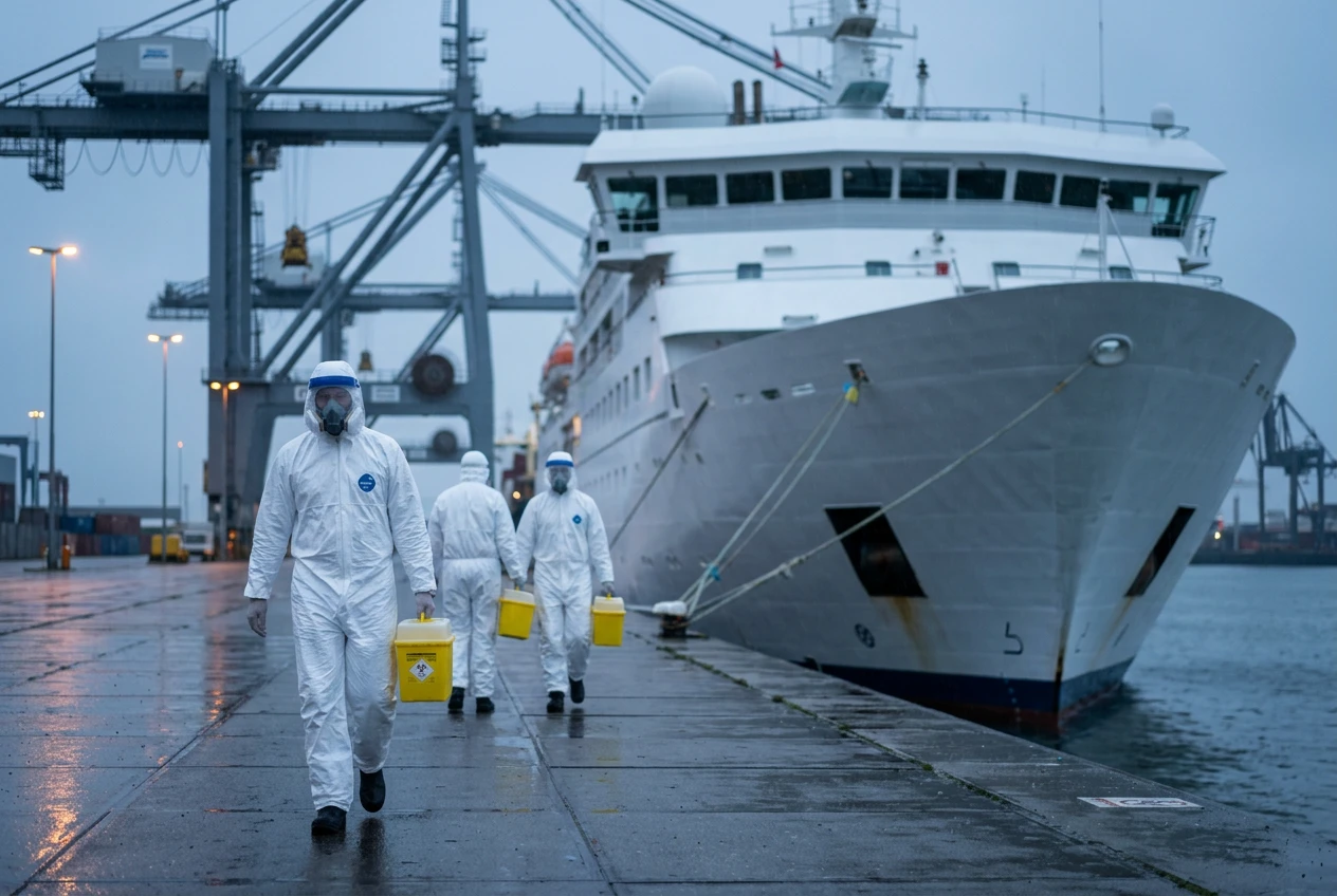 Hantavirus cruise ship outbreak quarantine response at the Port of Rotterdam.